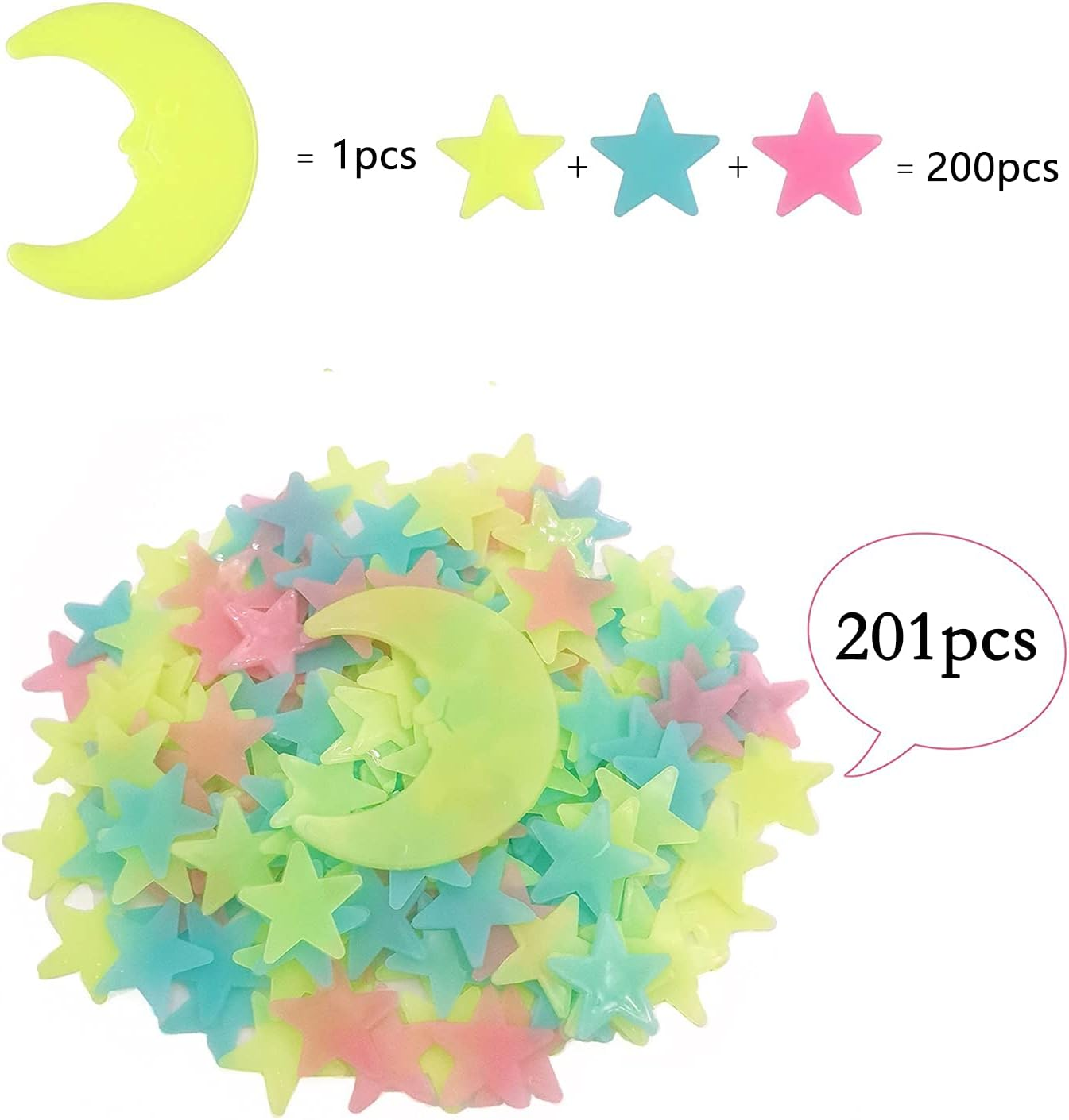 200 Pcs Colorful Glow in the Dark Luminous Stars and Moon Fluorescent Noctilucent Plastic Wall Stickers Murals Decals for Home Art Decor Ceiling Wall Decorate Kids Bedroom Room Decorations image number 2