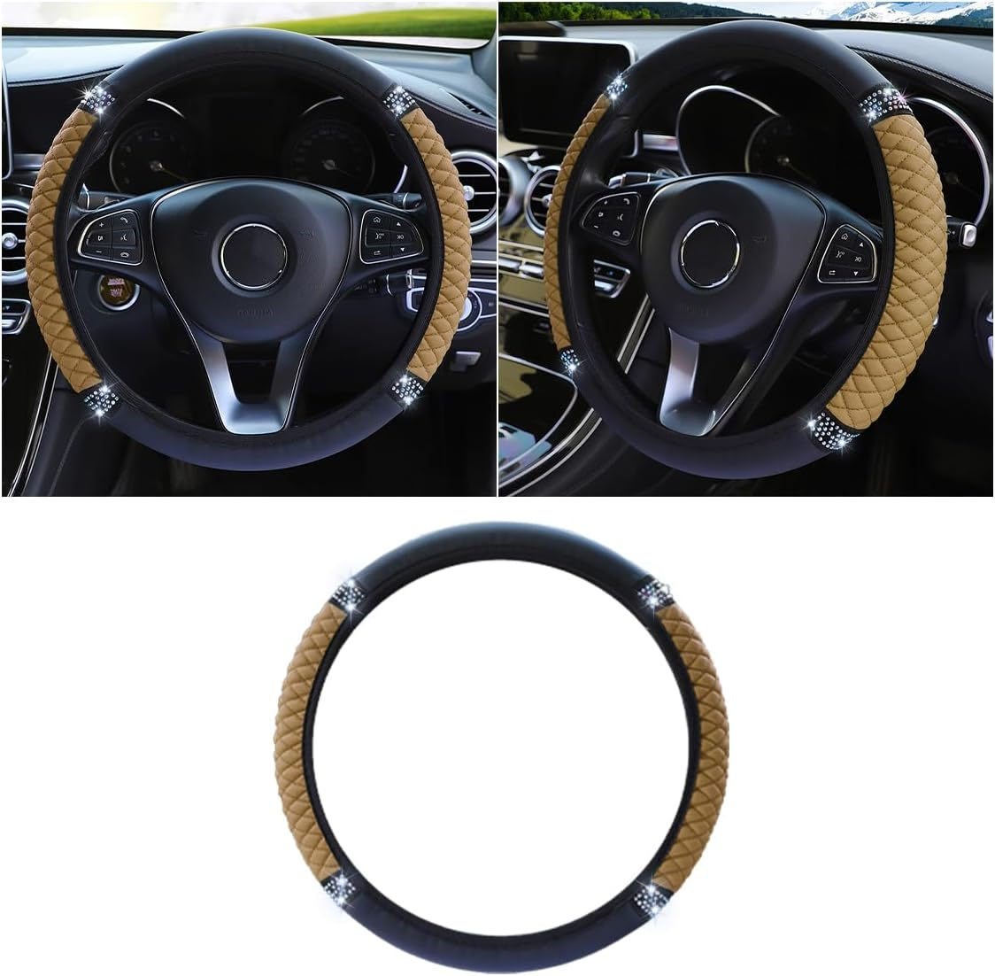 Bling Soft Leather Steering Wheel Cover, 15 Inch Colorful Rhinestones Auto Elastic Protector with Crystal Diamond for Women Girls, Car Accessories for Most Cars, Suvs (Blue)