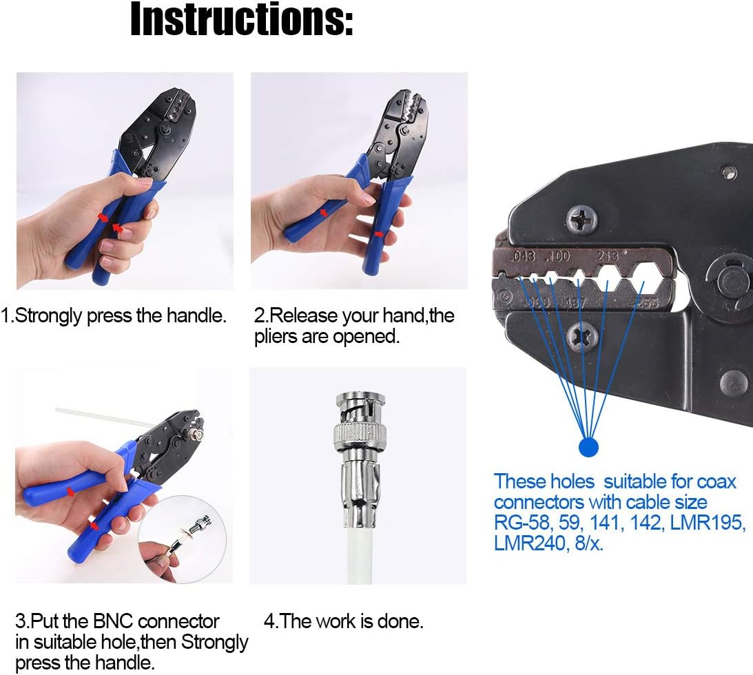 Glarks Coaxial Cable Tool Set, Coax RF Connector Crimping Tool + Coaxial Cable Stripper + BNC/UHF Crimp Male Connectors + Wire Cutter + Screw Driver for RG58, RG59, RG62, RG174 image number 6