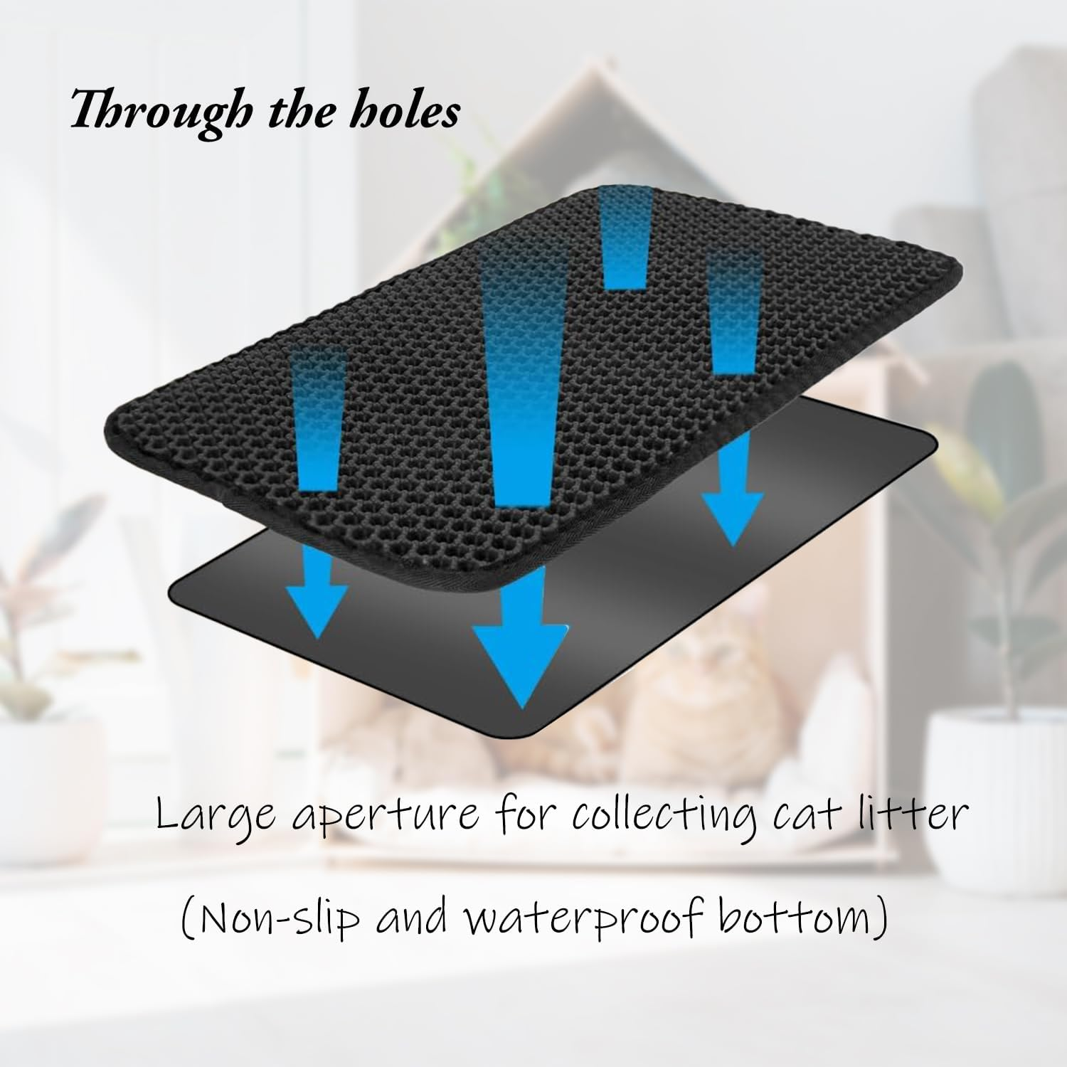 1 Pack Cat Litter Double Layer Tray Mat, Non-Slip Cat Litter Collection Mat, Square Cat Litter Collection Container with Large Hole, Easy to Clean, Washable (Black)