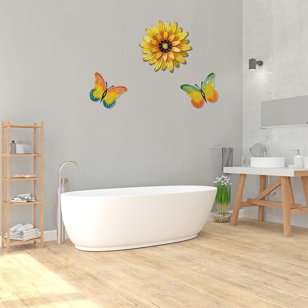 3 Pack Metal Flowers Wall Decor and Butterfly Wall Decor Art -Outdoor Wall Art Decor for Garden Yard Living Room Bedroom Patio Balcony Hanging Decoration,Wall Sculptures for Deck Decor,Porch, Bedroom