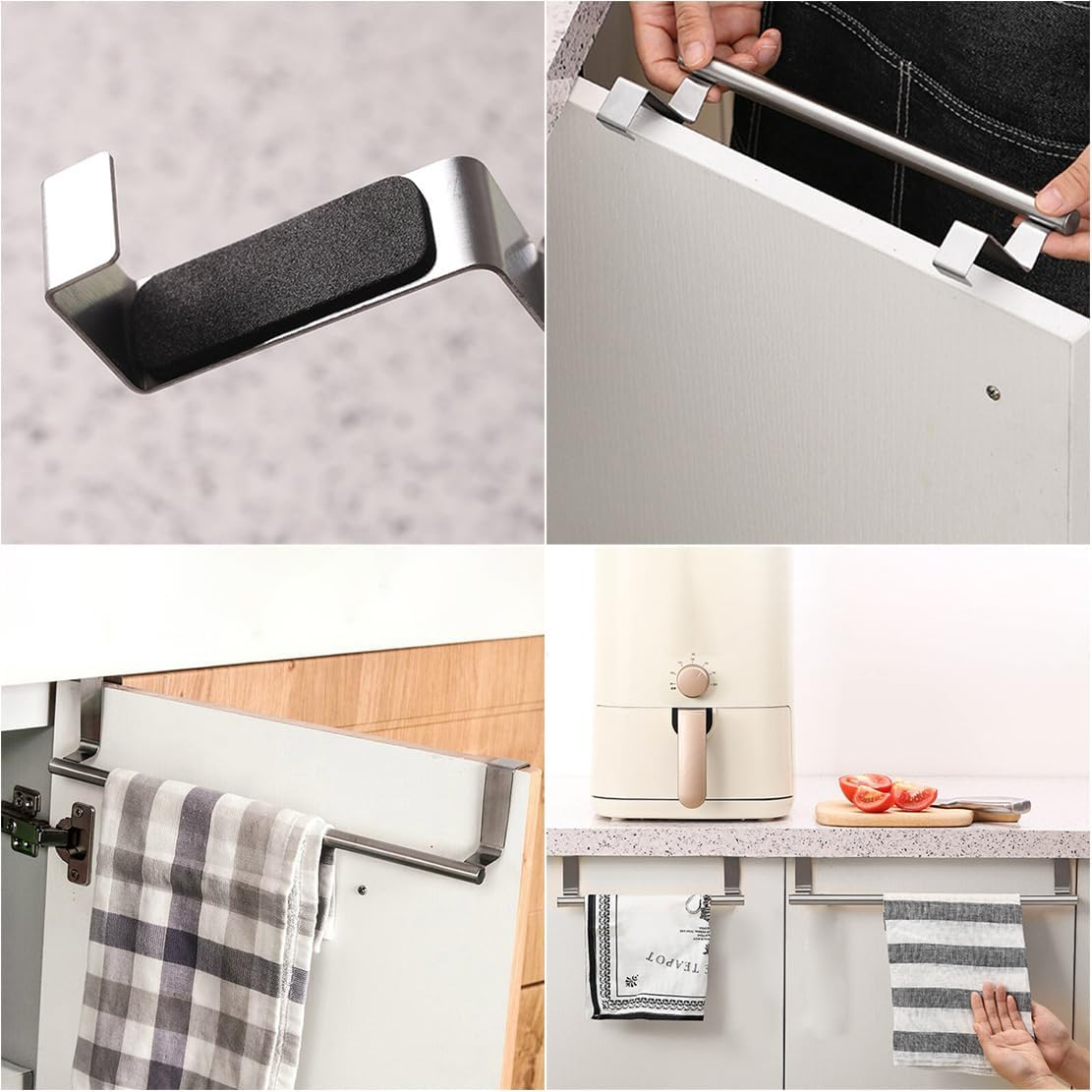2 Pieces Kitchen Towel Holders Stainless Steel, over Cabinet Towel Bars Cupboard Shelf Towel Rails Towel Racks for Door Behind, Silver