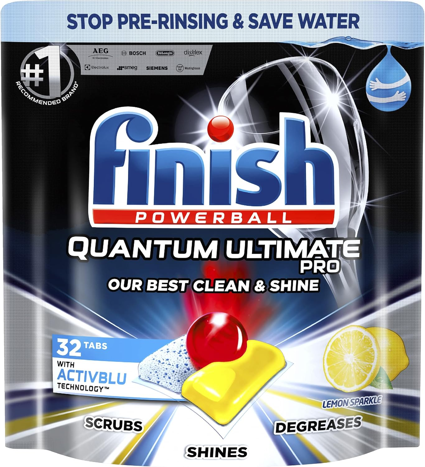 Finish Powerball Quantum Ultimate Pro Dishwasher Tablets, 32 Pack, Lemon Sparkle
