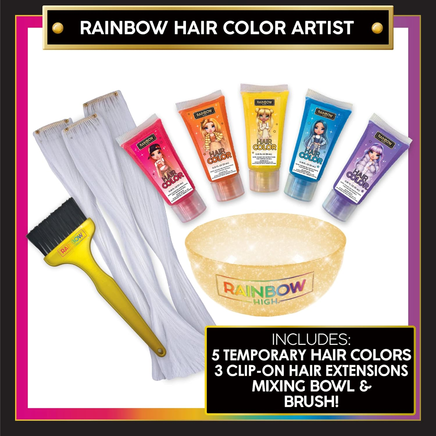 Rainbow High Rainbow Hair Stylist by Horizon Group USA, Includes 5 Vibrant Hair Coloring Gels, 3 Clip-In Extensions for Less-Mess, Mixing Bowl & Brush, Temporary Hair Coloring for Kids, Multi image number 5