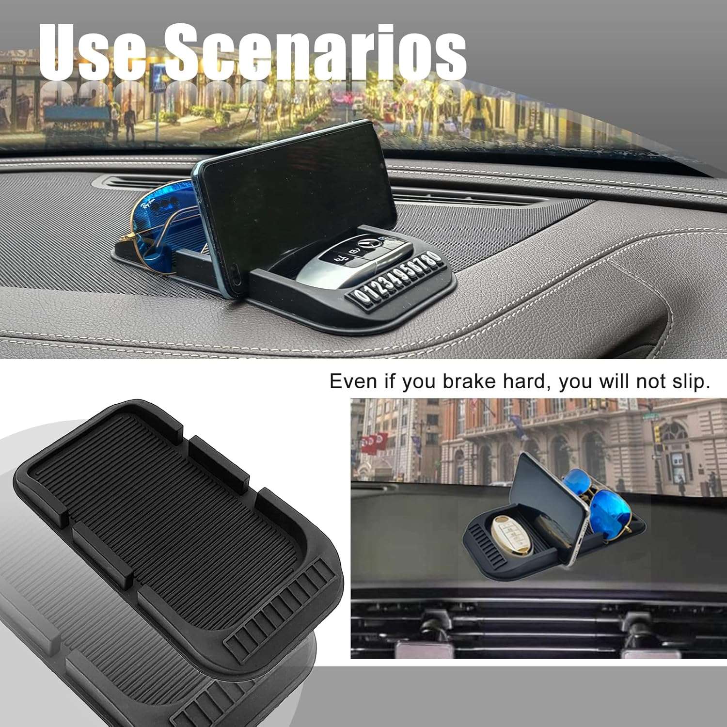 Car Dashboard Cell Phone Holder, Anti-Slip Pad Double-Groove with Number Plate Auto Silicon Tray, Silicone Car Pad Mat for Various Dashboards,Phone GPS Keychains Sunglasses Mat image number 2