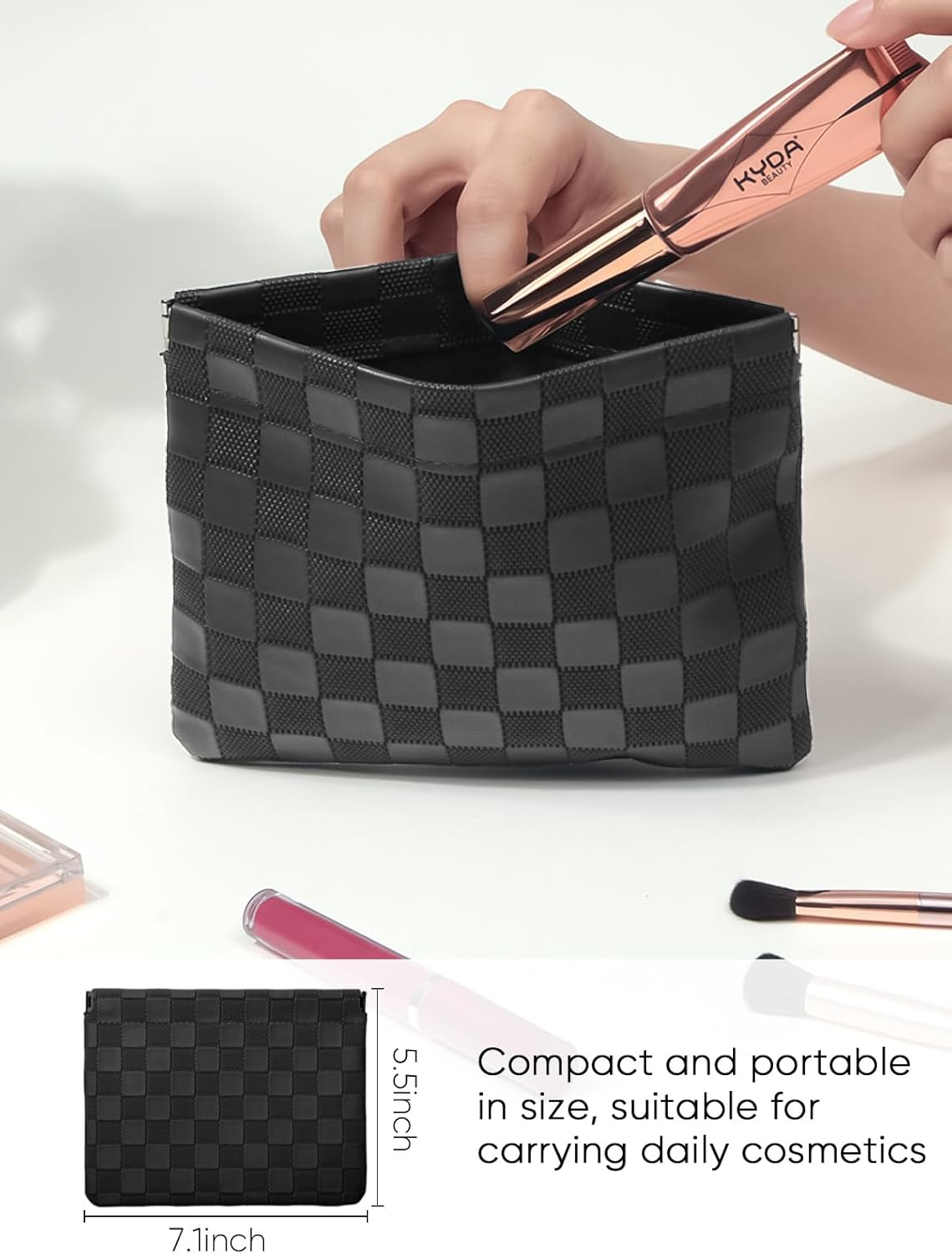 Ksriylm Black Plaid Leather Makeup Pouch for Women Small Make up Bag for Purse Self-Closing Waterproof Initial Checkered Makeup Cosmetic Bags Pouches for Purse Aesthetic Travel Toiletry Bag - Green image number 4