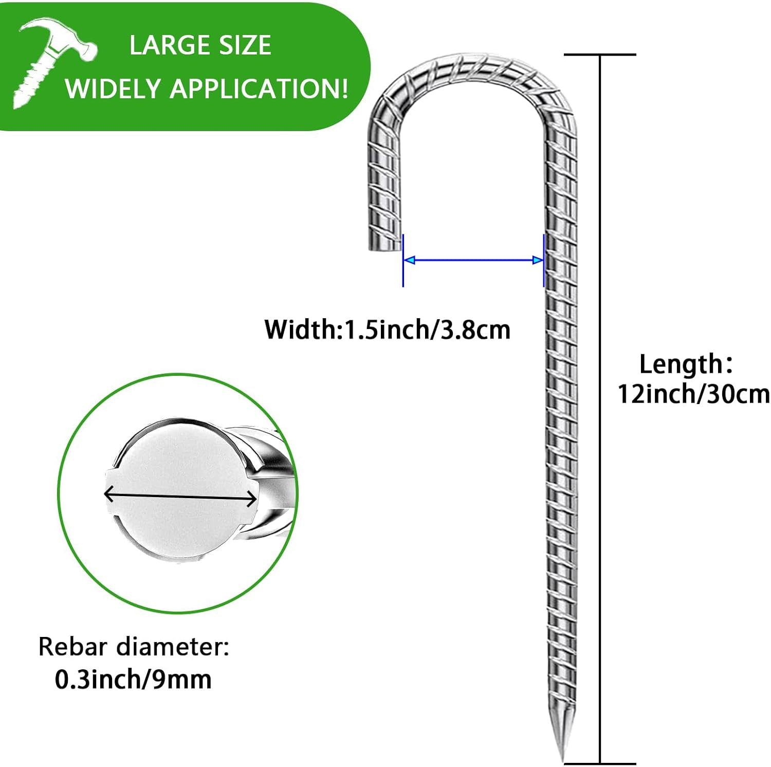 6Pcs12 Inch/30Cm Rebar Ground Tent Stakes Galvanised Ground Anchor, Tent Pegs, Ground Anchor, Ground Pegs, Tent Nails, Building Anchor, J-Shaped for Fence, Tents, Canopies, Shed, Swing, J-Shape image number 4