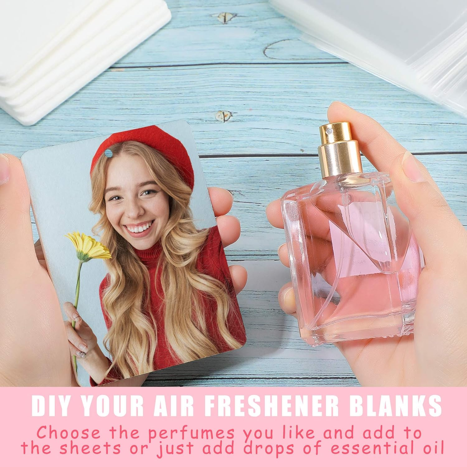 50 Pieces Sublimation Air Freshener Blank Sheets Car Scented Hanging Felt Air Freshener White Fragrant Sheets with 100 Pieces Bags and Elastic Rope for Interior Use and Decor image number 2