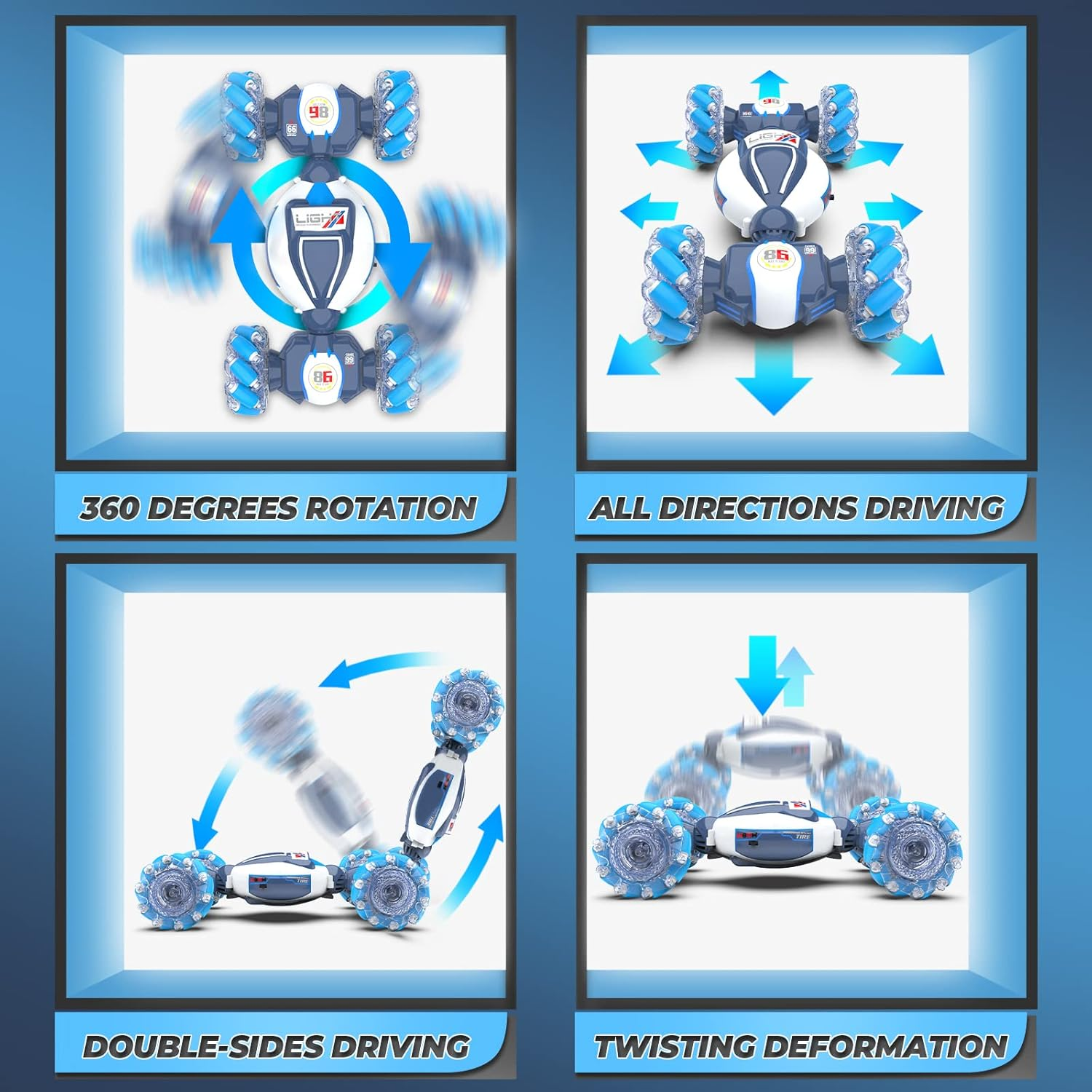 Dysaim Remote Control Car, Gesture Sensing RC Stunt Car Toys, 2.4Ghz 4WD RC Drift Car, Creative Gifts for Kids Boys Girls Ages 6+, Double Sided Rotating off Road Vehicle 360&deg; Flips with Lights Music - Blue White image number 2