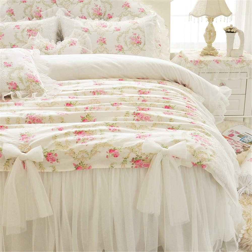 LELVA Girls Bedding Set Lace Ruffle Duvet Cover Sets with Bed Skirt Princess Bedding Set Vintage Floral Print Duvet Cover Twin Size 4 Piece (King, White)