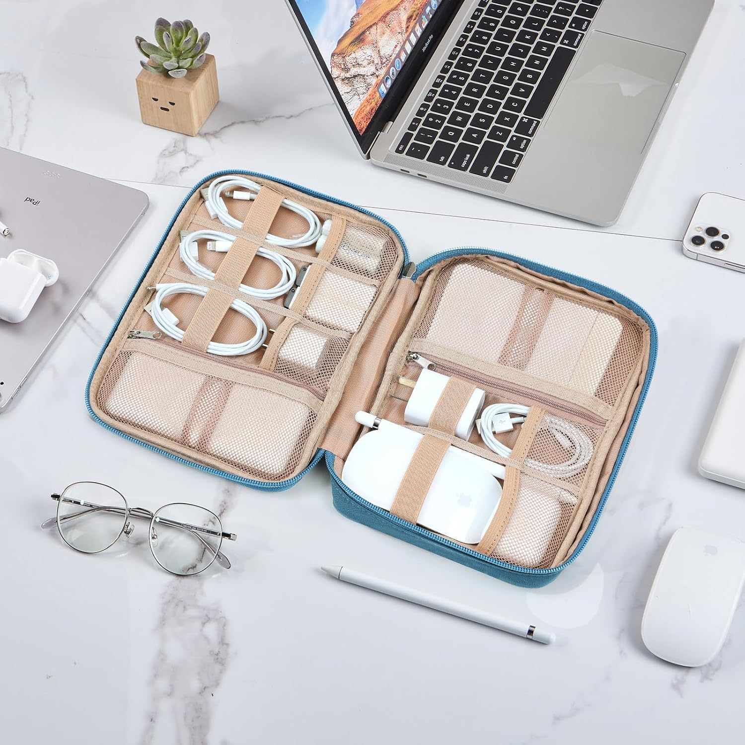 NISHEL Travel Cord Organizer Case,Tech Electronic Case, Travel Essentials for Charger, Cable, Phone, Hard Drive, USB, SD Card, Lake-Blue image number 2