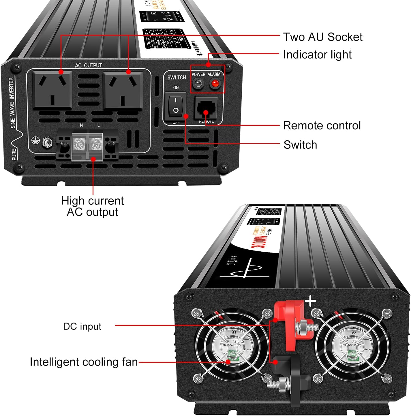 Xijia 3000W Solar Inverter 12V to 240V Pure Sine Wave for Camping Boat (DC12V (Range 10V-15V) 3000W) image number 5
