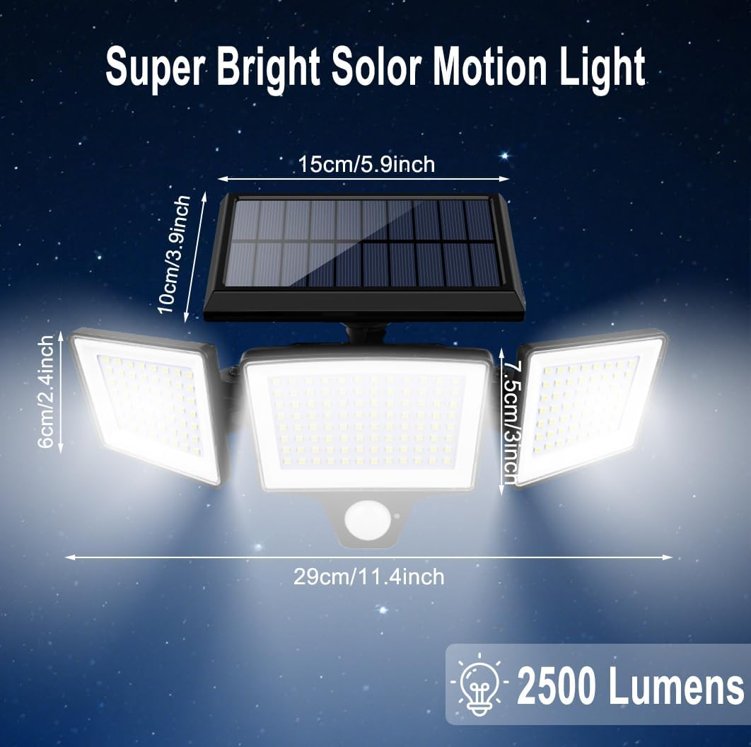 Harloon Solar Outdoor Lights 208LED 2500LM 3600Mah Security Lights, 3 Heads Motion Sensor Lights, IP65 Waterproof, 270&deg; Wide Angle Flood Wall Lights with 4 Modes
