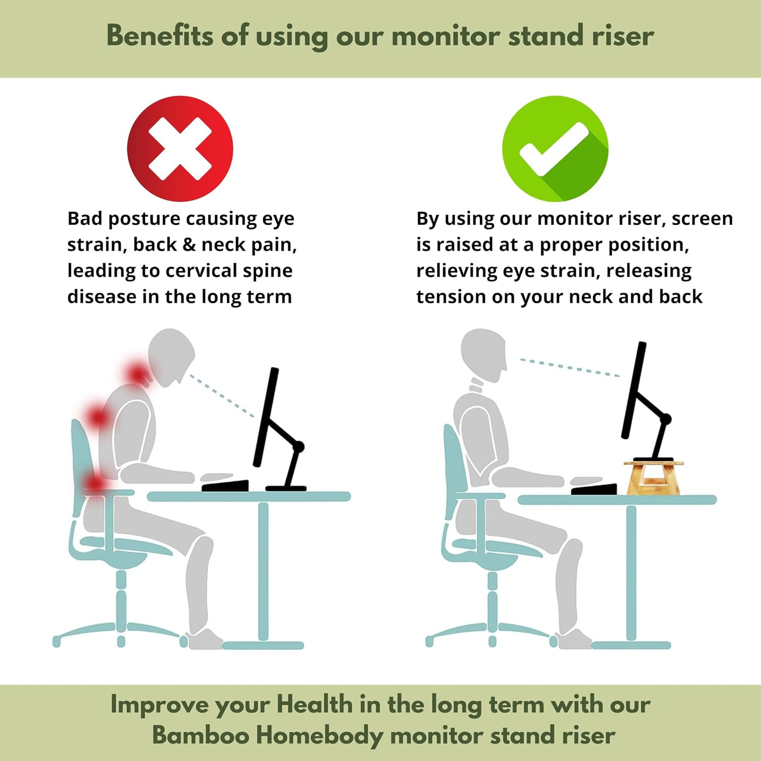 Monitor Stand, Monitor Riser with Storage for Computer Desk, Desktop Organizer Stand for Computer, Laptop, Printer, Bamboo (Medium 60 Cm)