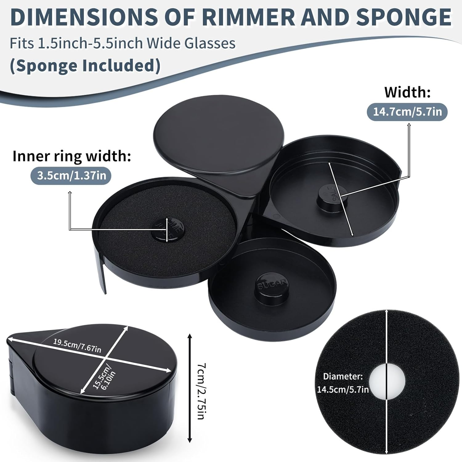 Tonjin Margarita Salt Rimmer Set, 1 Pack 3 Tier Bar Glass Rimmer Black Plastic Sugar and Salt Rimmer Box with Sponge for Cocktail Bartender Tool image number 1