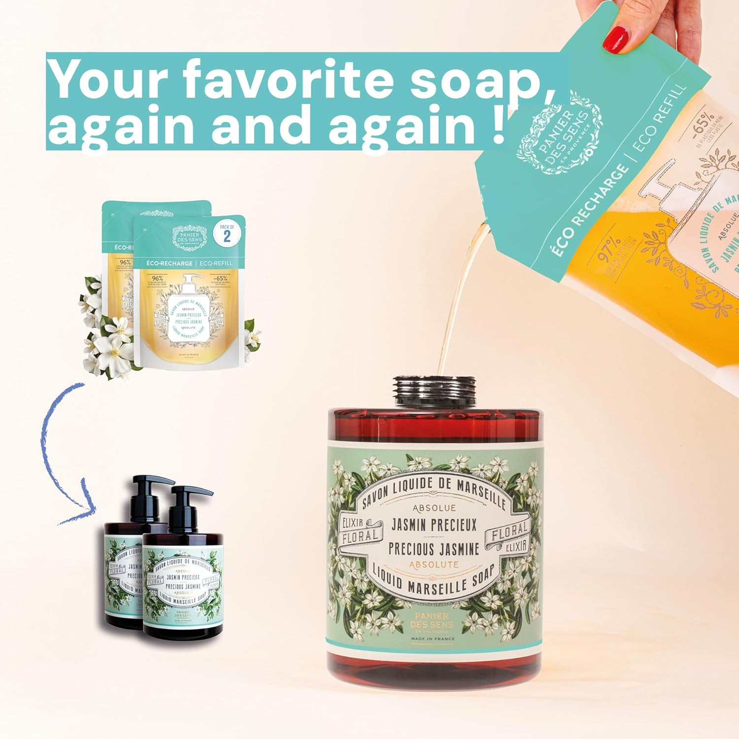 Panier Des Sens Marseiller Liquid Soap Refill Bag Jasmine Pack of 2 - Made in France - 2 X 500 Ml Soap Refill Bag image number 4