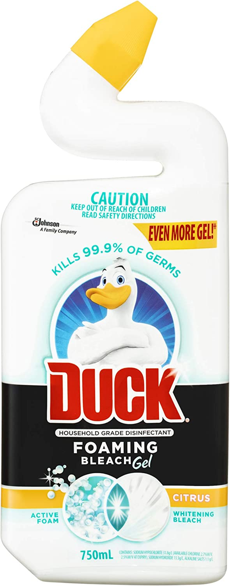 Duck Foaming Bleach Gel Liquid Toilet Bowl Cleaner, Foams, Cleans with Whitening Bleach Gel, Citrus Fragrance, 750Ml (Pack of 2) image number 1