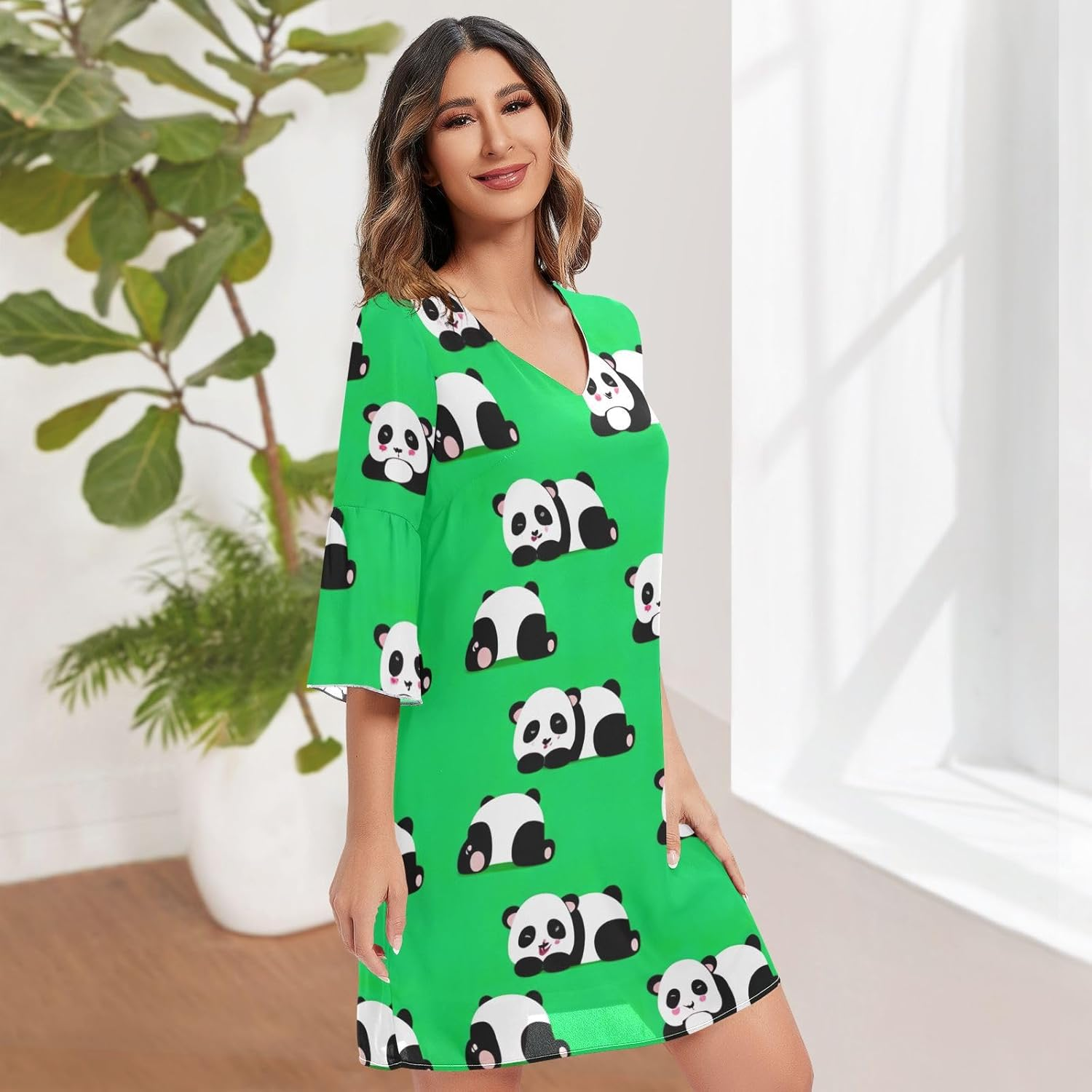 Cartoon Pandas Poses Green Casual V Neck Dress Printed Line Maternity Dress S-XXL image number 4