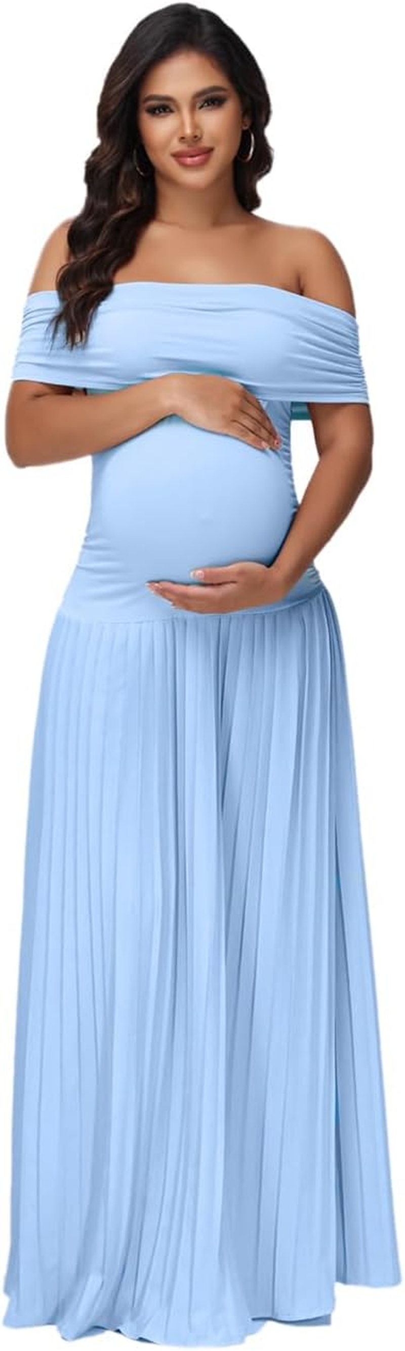 Justvh Women'S Maternity off Shoulder Baby Shower Dress Party Paneled Ruched Hem Maxi Photography Gown for Photoshoot