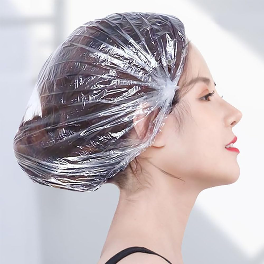 Custelen 100PCS Waterproof Shower Caps - Large, Clear Plastic Hair Caps for Women - Ideal for Hotels, Travel, and Deep Conditioning (20.5") image number 6