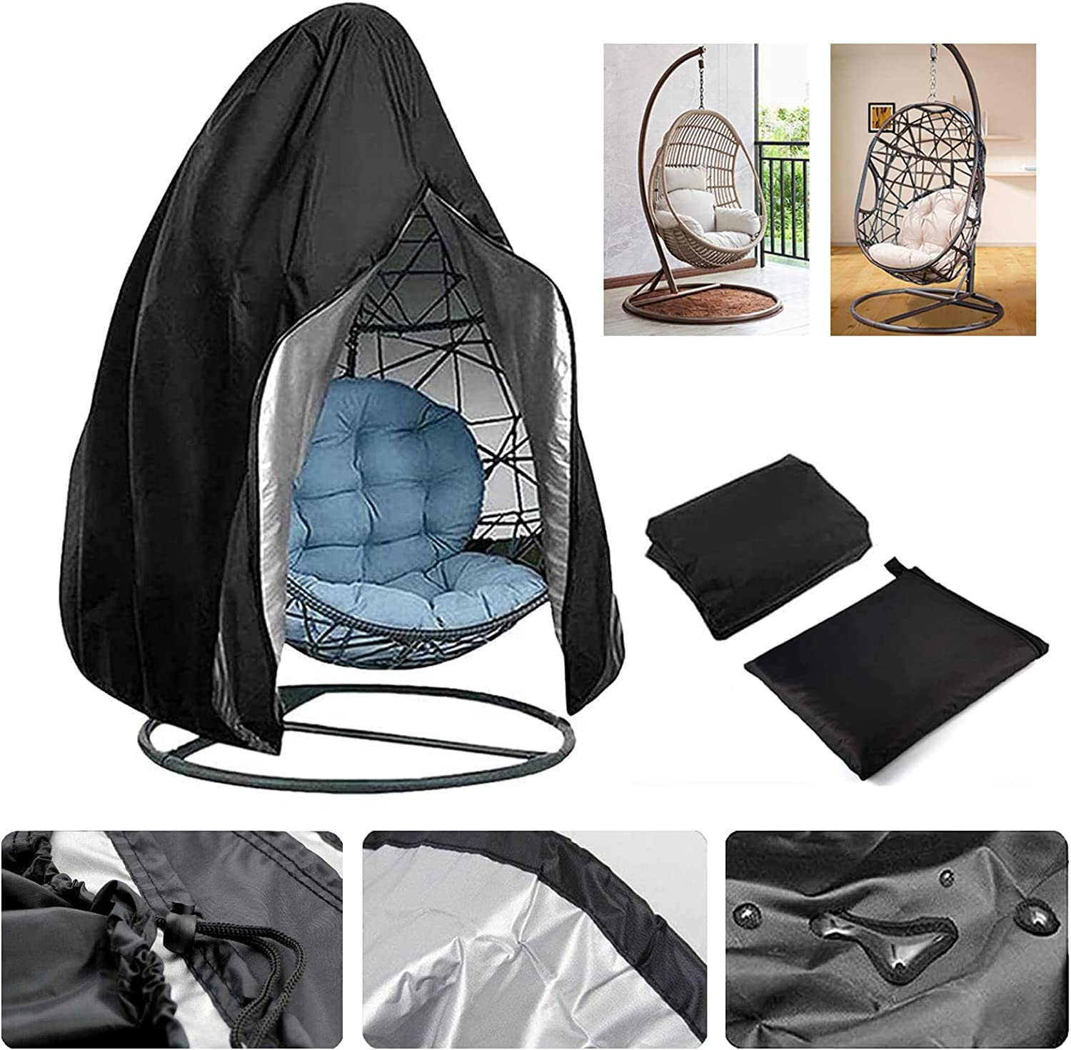 Egg Chair Covers, Outdoor Swing Egg Chair Cover Waterproof Anti-Dust with Zipper 210D Oxford Fabric Veranda Garden Lawn Chair Protector Furniture Accessory115X190Cm (Black) image number 5