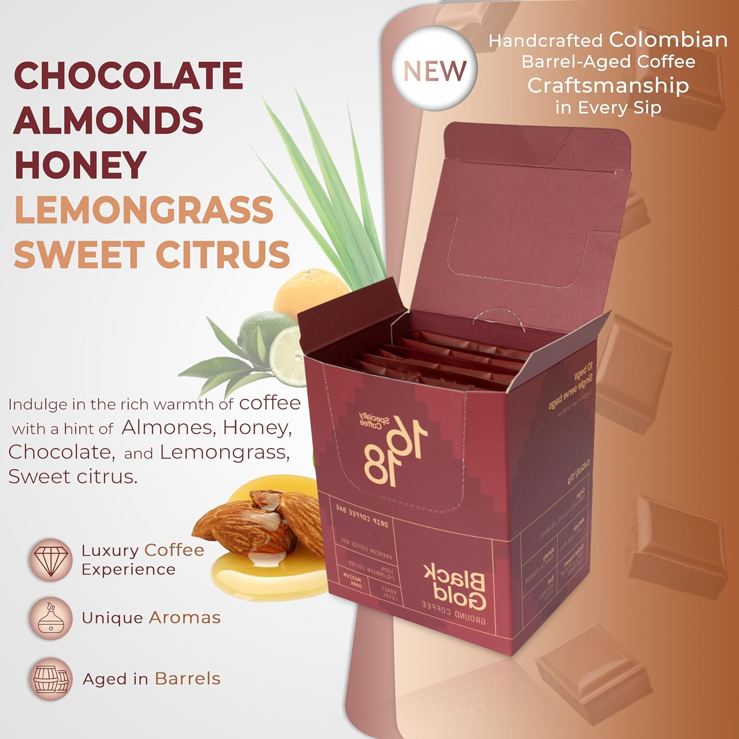 COLOMBIAN GROUND COFFEE BOX 10 DRIPS BAGS PREMIUM BOURBON FAIR TRADE COFFEE-SPECIALTY COFFEE image number 1