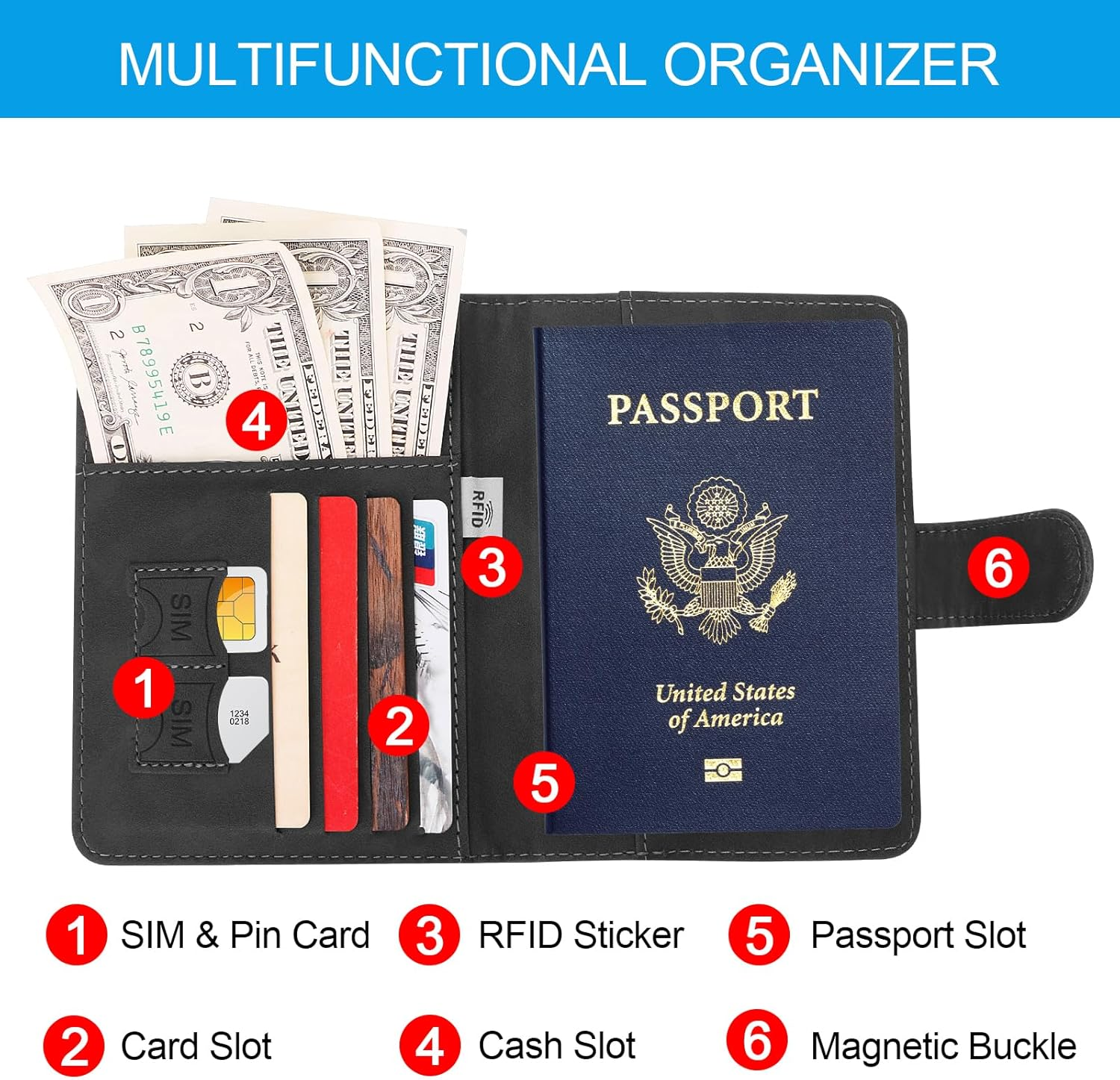 Sovirose Card Wallet, RFID Blocking Credit Card Holder, Leather Travel Passport Wallet, Wallet for ID Cards, Cash for Men, Women, Black, 4.17 Inch X 5.7 Inch, Passport Wallet with Magnetic Buckle image number 3