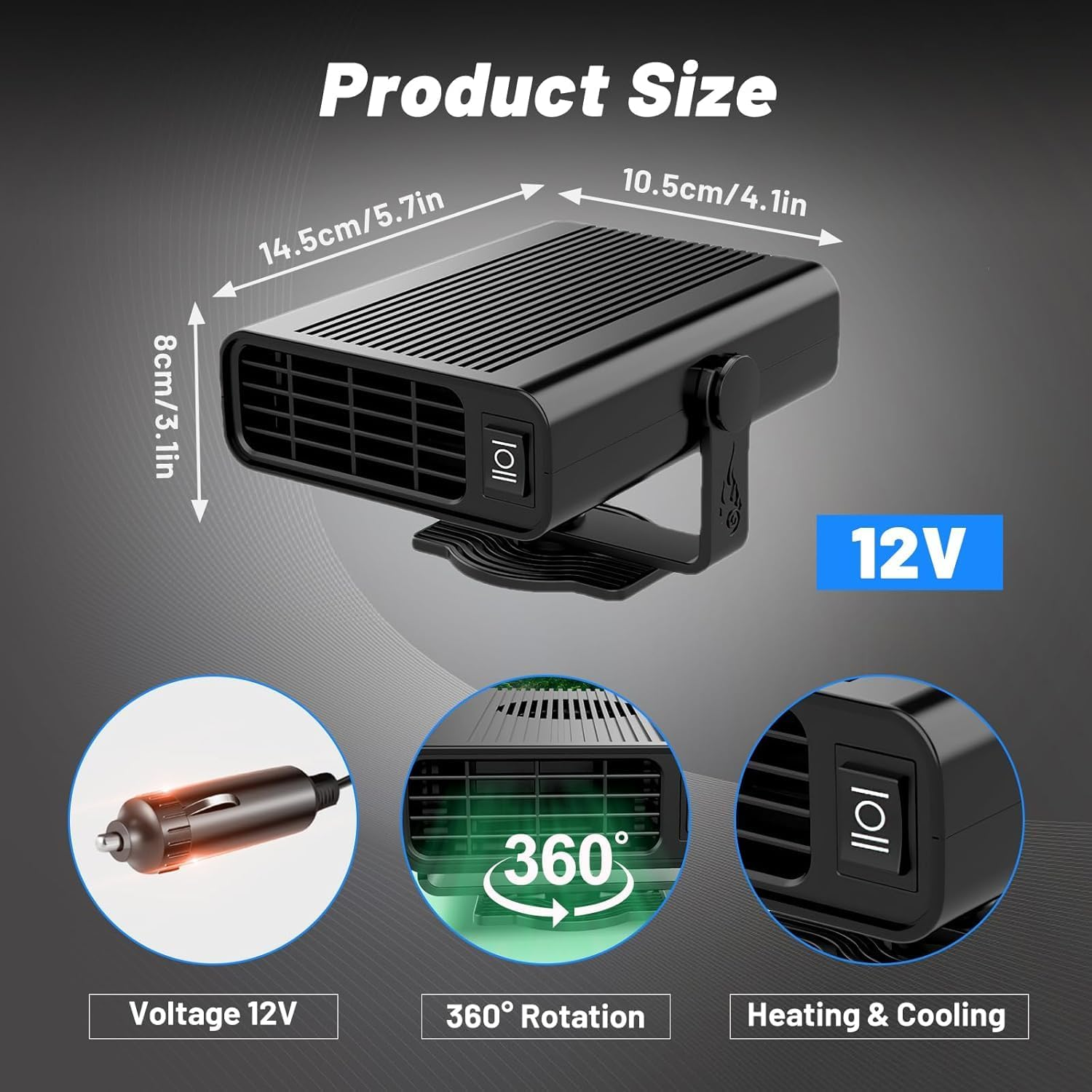 Car Heater, 2-In-1 Car Fan Heater 12 V 200 W Car Heater Defroster 360&deg; Rotatable Defroster Car Heater Quick Heating Defroster for Car Windscreen Fast Heating (Black) image number 6