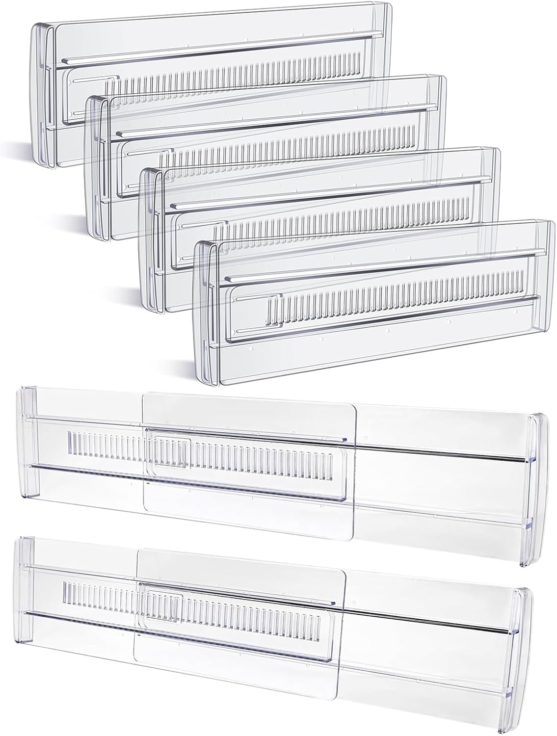 Goyuhome 6 Pack Drawer Dividers, Adjustable 3.2" High Expandable from 11"-20" Clear Plastic Organizers for Clothes, Kitchen Utensils and Office Storage