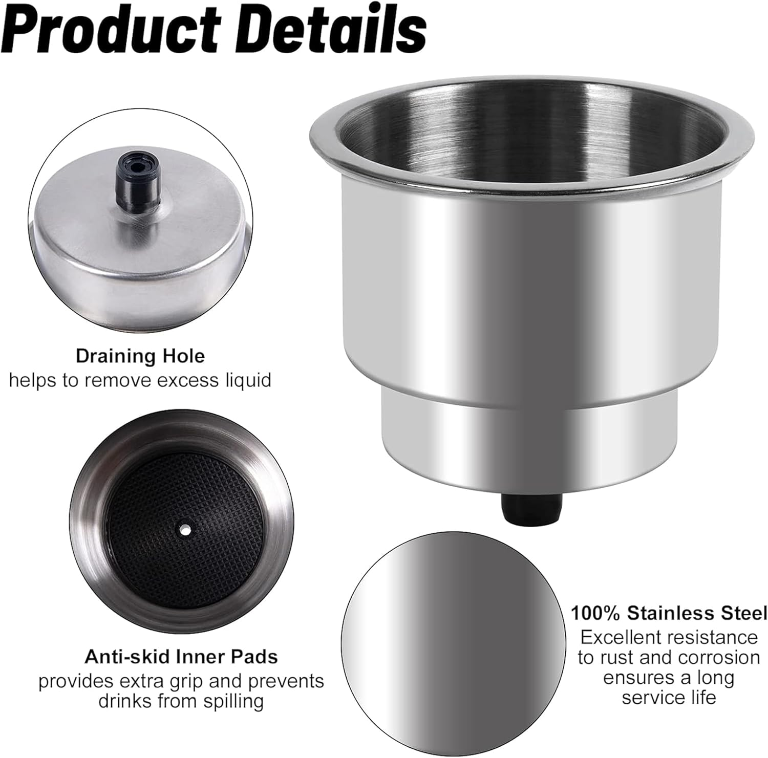2PCS Stainless Steel Cup Holder with Drain Perfect for Marine,Boat,Rv,Camper Durable Drink Holders Easy Access,No-Spill Design,For Outdoor Adventures and Travel image number 4