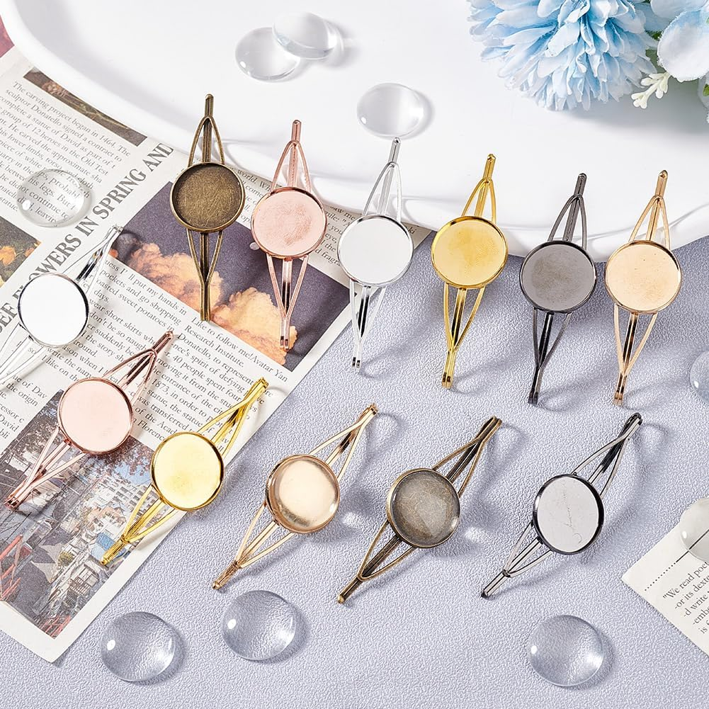 GOMAKERER Pack of 12 Hair Clips with Blank round Shelf Hair Pins Made of Brass 6 Colours with 12 Pieces 19.5 Mm Transparent Cabochons Blank Hairpin Setting for DIY Pictures Photos Curved Cameo image number 6