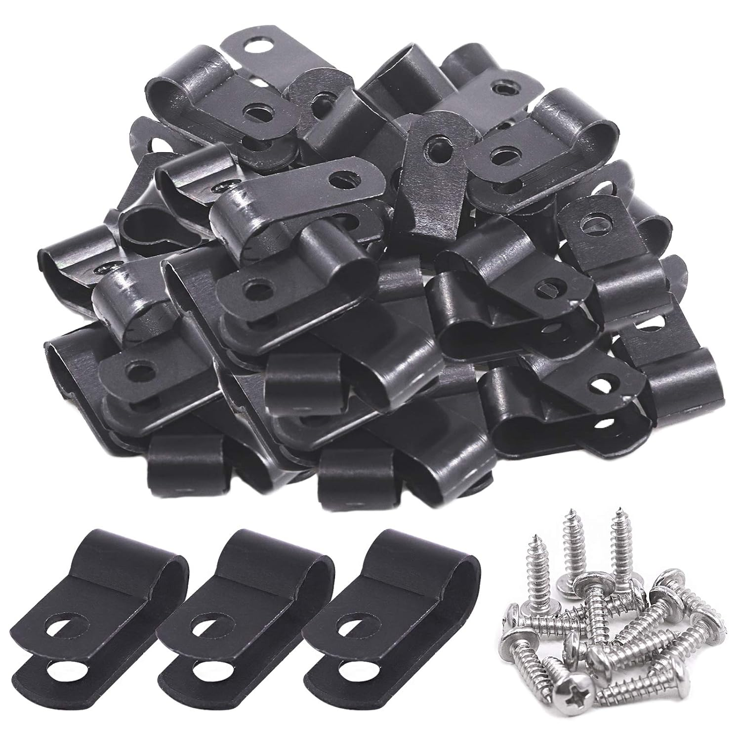 Keadic 60 Pieces 1/4 Inch Black Nylon Cable Clamps with Stainless Steel Screws, R-Type Mounting Cord Fastener Wire Clamps for Wire Pipe Management image number 4