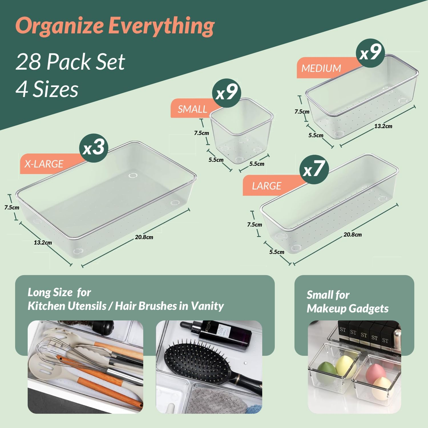 Hormes 28Pcs Drawer Organisers Set, 4 Sizes Clear Plastic Drawer Organizer & Vanity Organiser for Makeup & Jewelry Storage, Kitchen Utensils & Gadgets, Desk Supplies, Bathroom & Bedroom Organisation image number 6