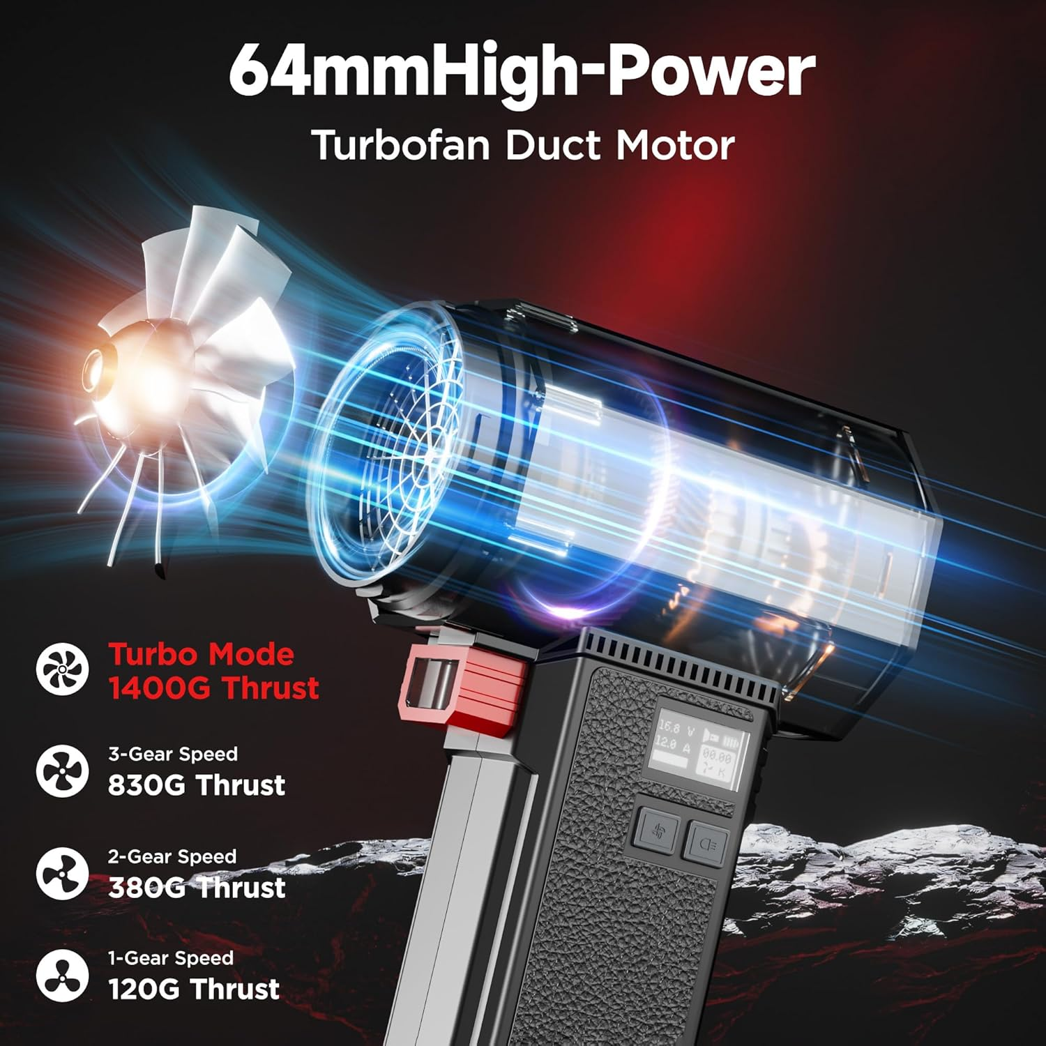 Oversize Turbo Dryer Blower, Car Accessories, Max Instantaneous Thrust 1.60KG, 4 Speeds, 64MM Super Big Electric Cordless Air Blower for Leaf, Patio Cleaning, Lawn Care & Car Drying image number 2