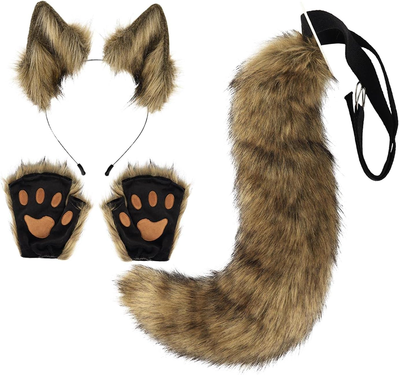 Fox Ears and Tail Set Plush Wolf Ears Hair Clip with Gloves, Plush Costume for Kids Adults Hair Hoop for Prom, Dance, Funny Gifts Dress Up, Coffee