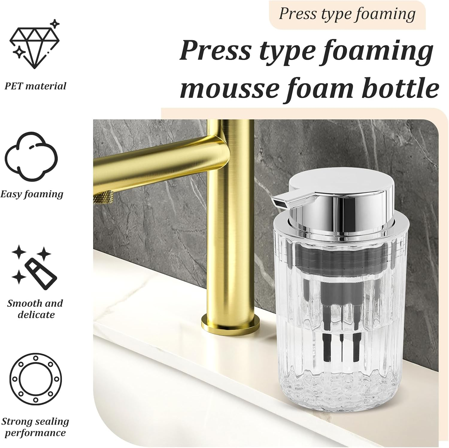 Foaming Soap Dispenser with Pump Refillable Glass Foaming Hand Soap Pump Delicate Foaming Soap Dispenser Clear for Kitchen Bathroom Hand Soap Pump Dispenser for Essential Oil Shampoo (1, Silver)