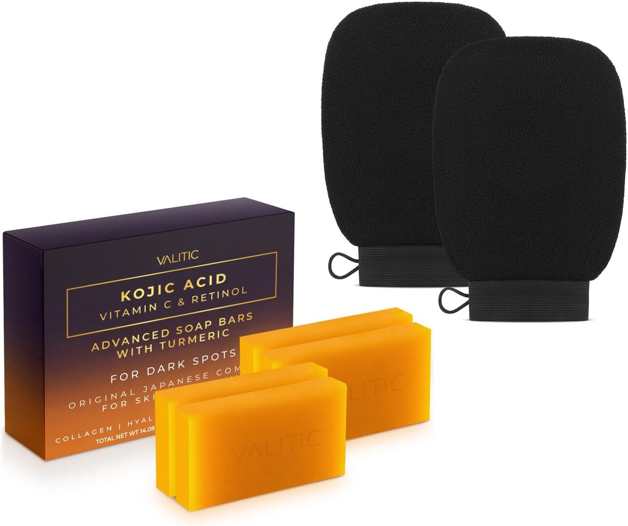 VALITIC 4 Pack Kojic Acid Vitamin C & Retinol Soap Bars for Skin Lightening & a Pair of Black Exfoliating Gloves for Body Scrubs image number 5