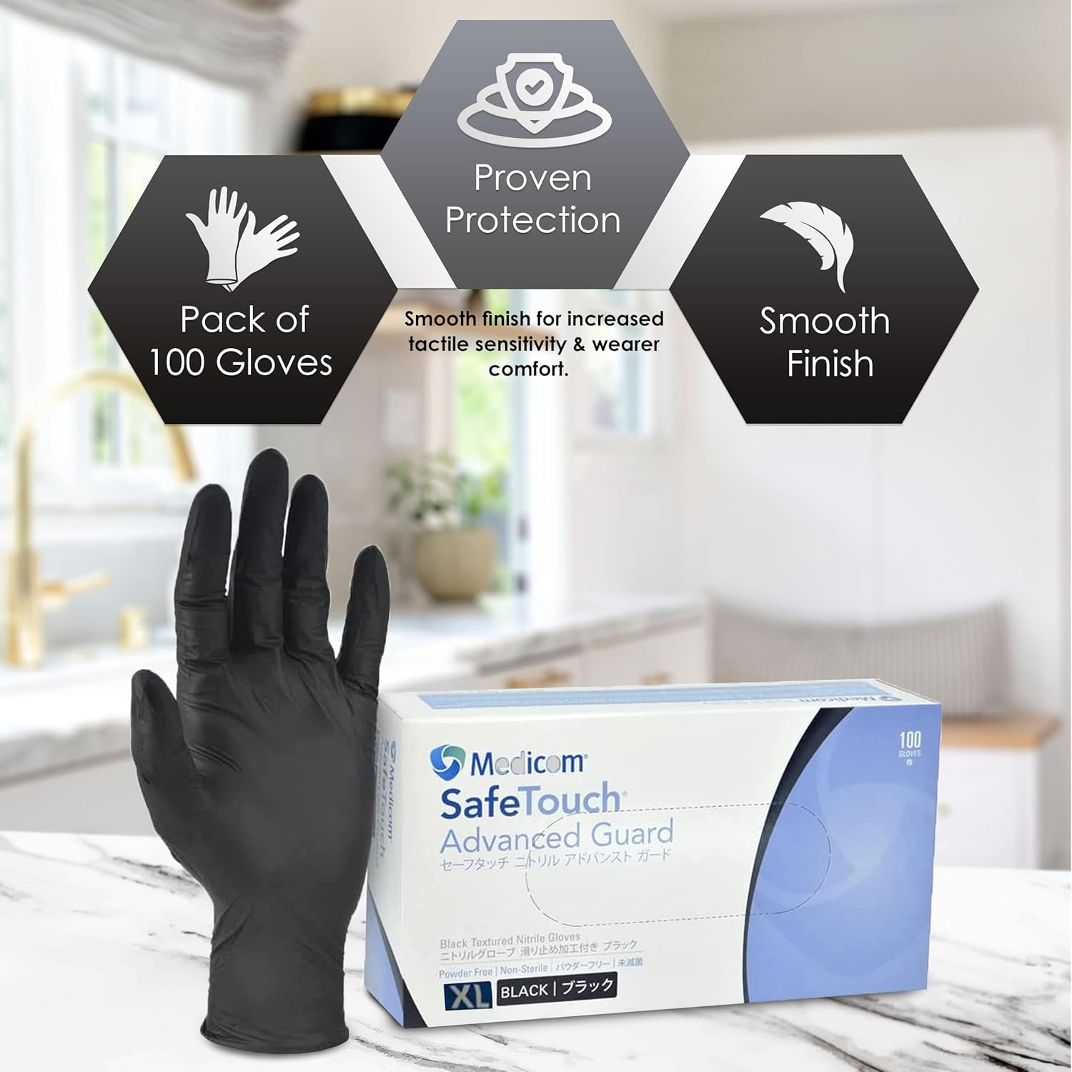 Medicom Safe Touch Nitrile Gloves - 100 Count -X Large - Black Gloves, Work Gloves - Multipurpose Powder Free Gloves (Pack of 2) image number 2