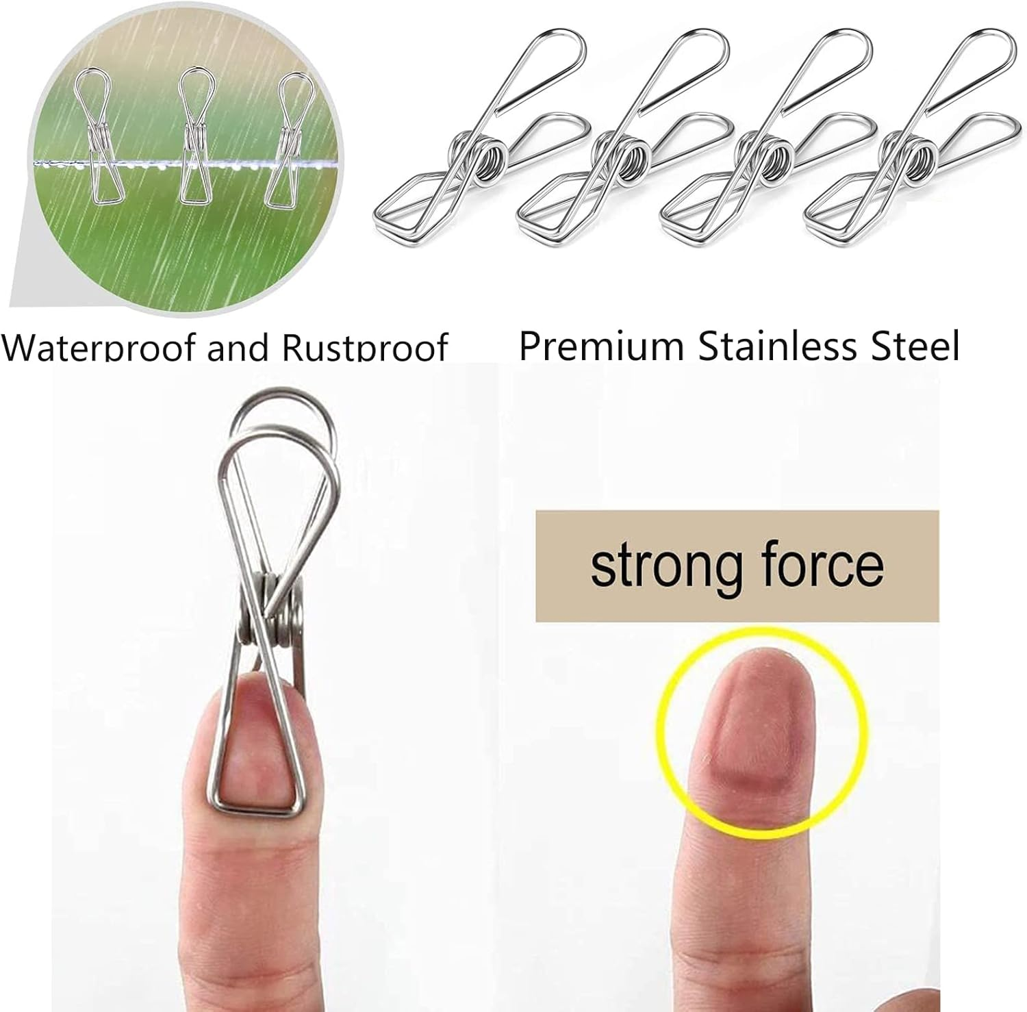 Clothes Pegs, 32 Pack Rustproof Stainless Steel Clothes Laundry Clips for Washing Line, Strong Grip Washing Line Clip, Laundry Pegs Clips for Snack Bags, Towels, Picture, Paper, Kitchen, Office image number 4