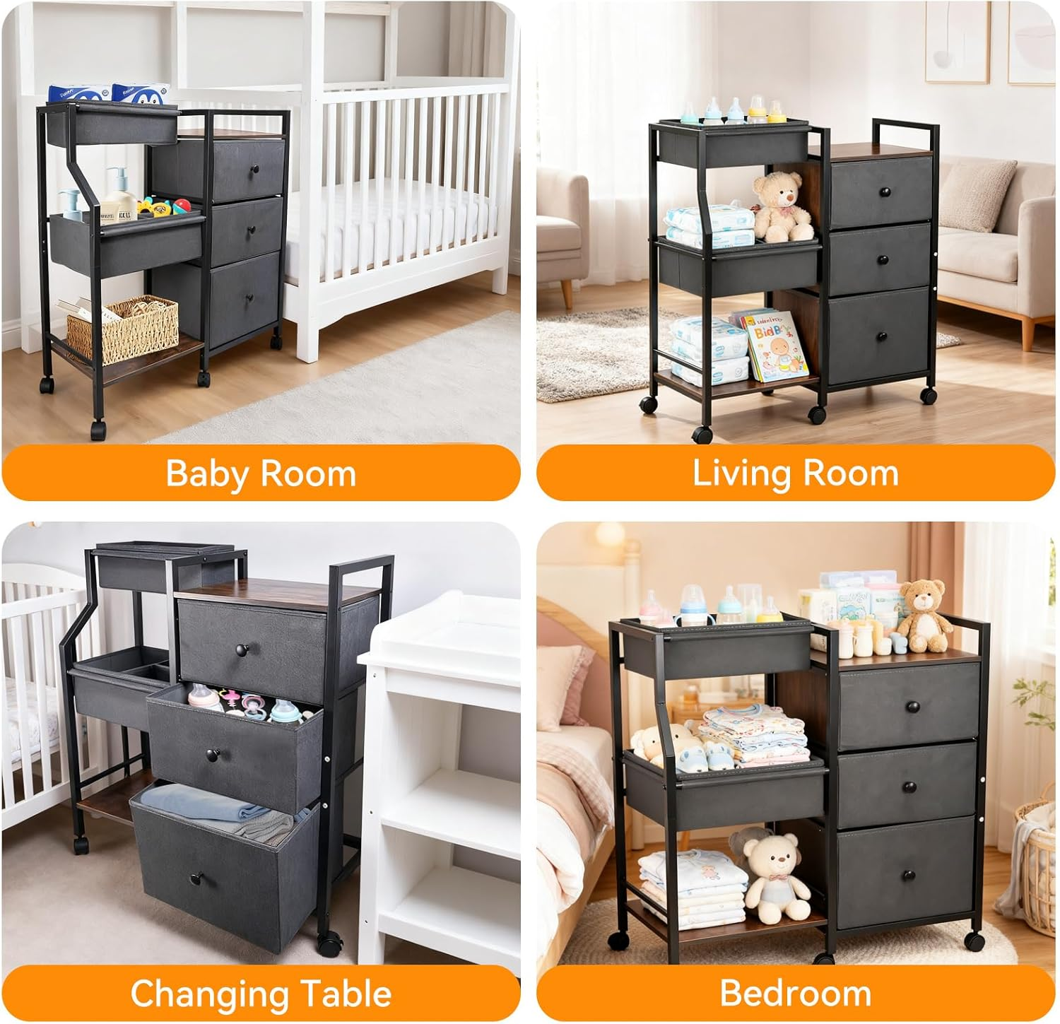 Hiaksedt Baby Diaper Caddy Organizer and Storage, 3 Tier Rolling Cart with Drawers and Dividers Baby Nappy Bin Newborn Essentials Cart for Nursery, Bedroom, Changing Table & Crib image number 2