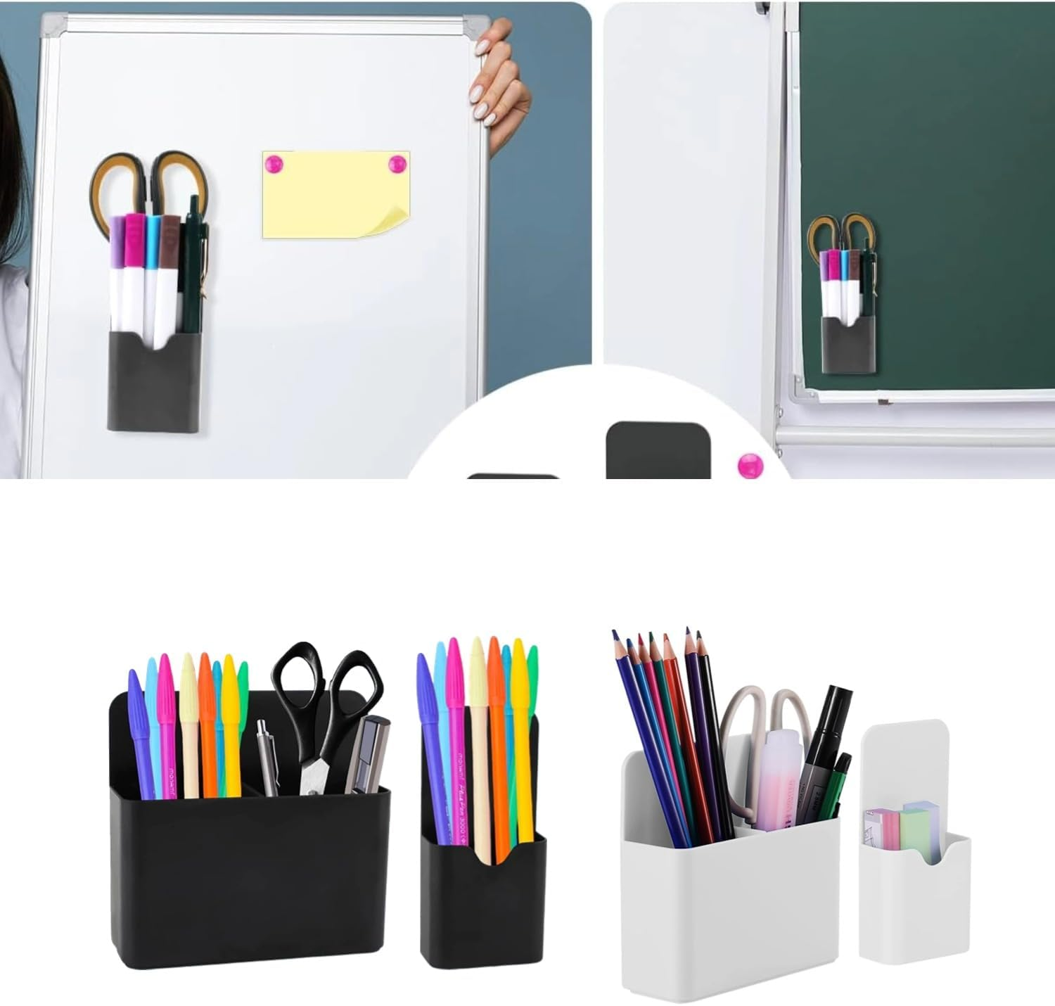 Magnetic Pen Holder,2 Pack Dry Erase Marker Holder with Generous Compartments,Strong Magnet Storage Pencil Organizer for Refrigerator,Whiteboard,Locker Accessories (White (2)) image number 1