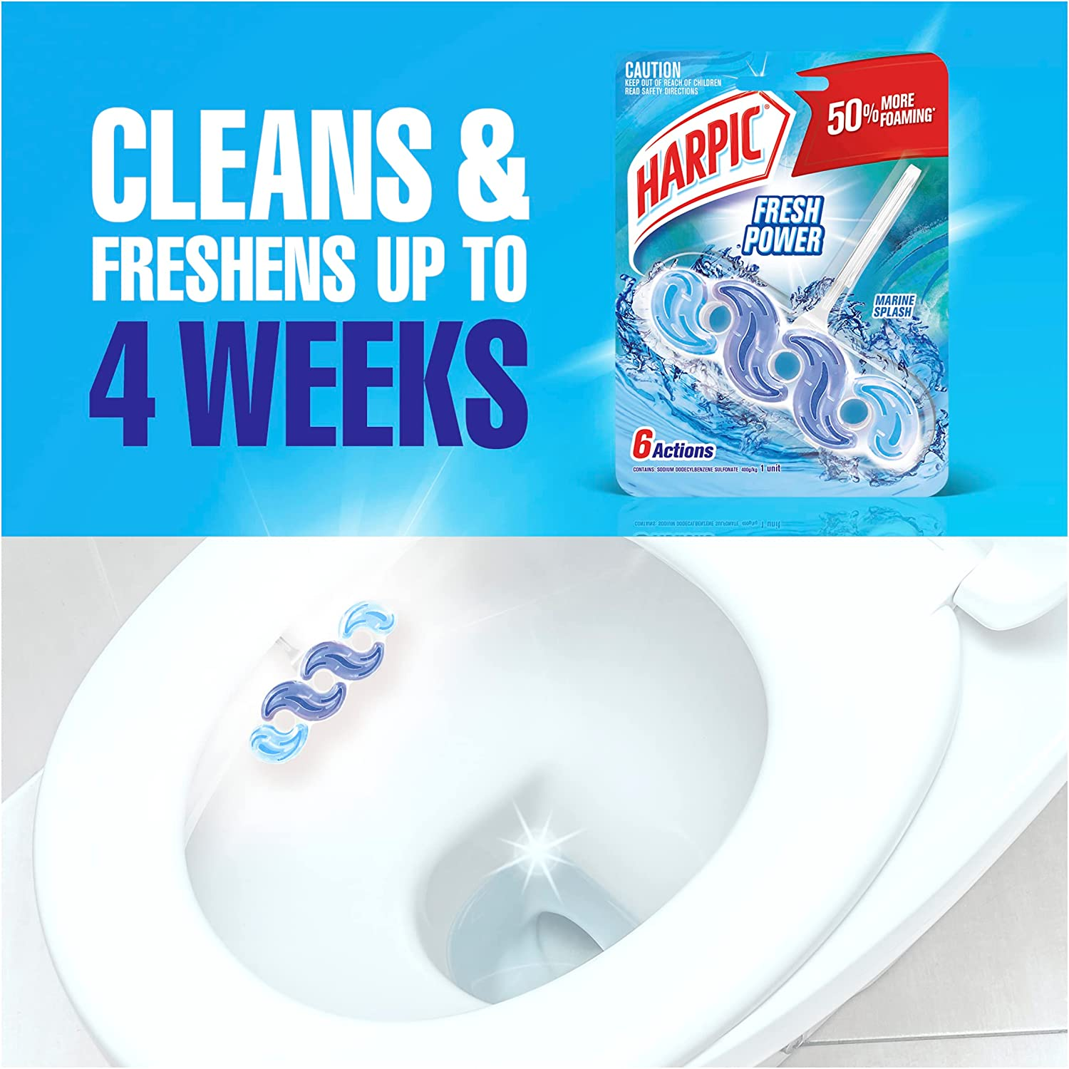 Harpic Fresh Power Toilet Block Cleaner Marine Splash (Pack of 6) image number 1