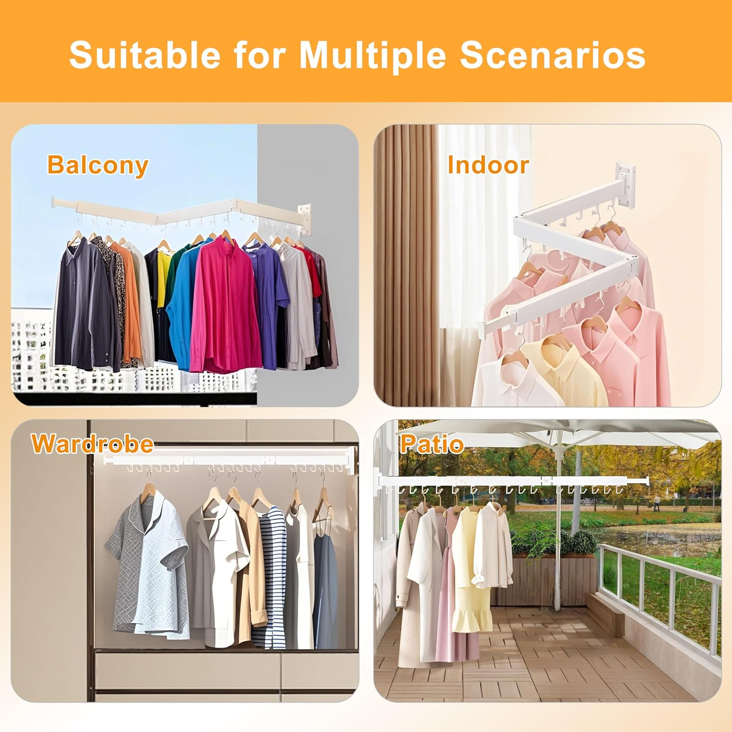 Clothes Drying Rack, Foldable Laundry Drying Rack Wall Mounted, Heavy Duty Space Saving Wall Clothing Rack, Collapsible (Tri-Fold), Retractable Rack Outdoor Indoor with Hooks, White