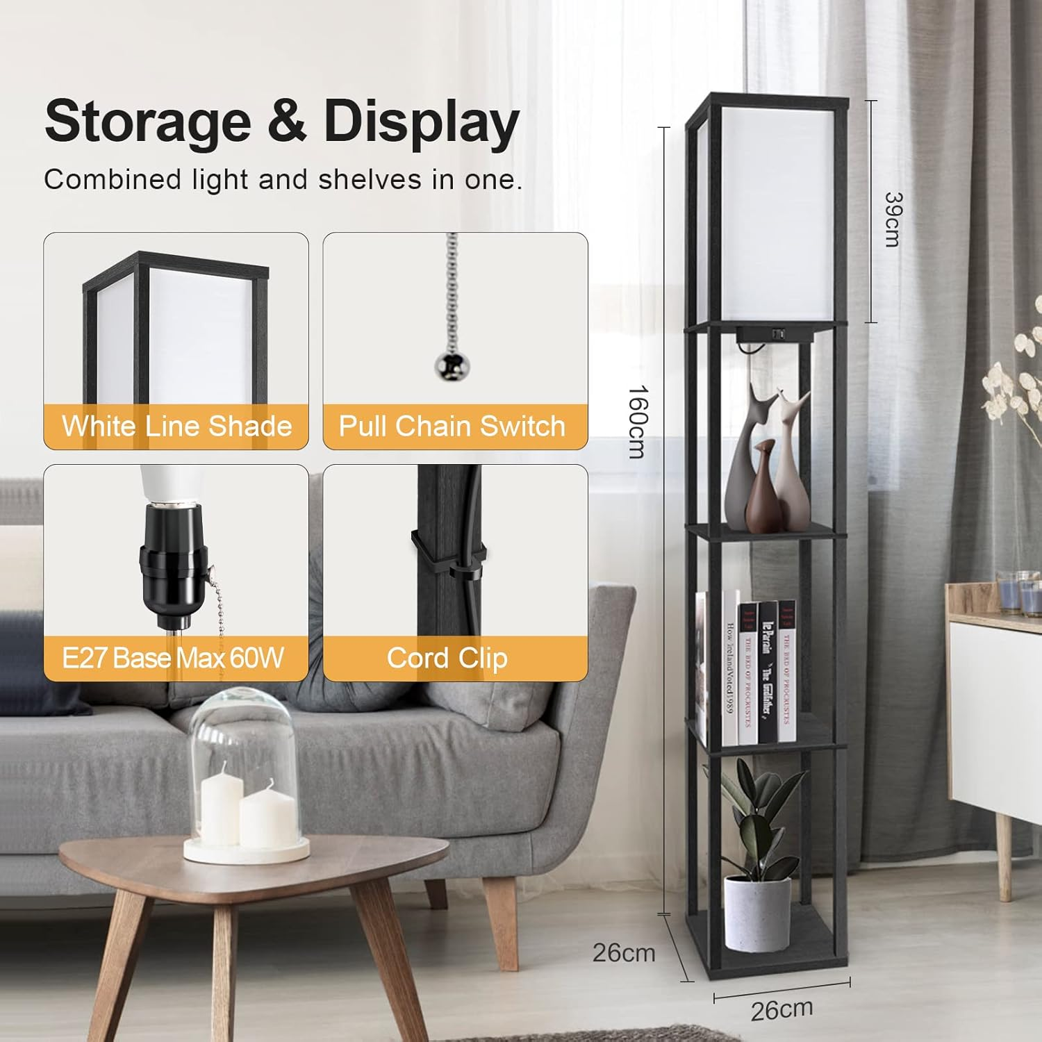 OUTON LED Floor Lamp with Shelves, Dimmable Floor Lamp with 2 USB Ports, Remote Control, 4 Colour Temperature, Storage Display Tall Standing Lamp for Living Room Bedroom Office(Black)