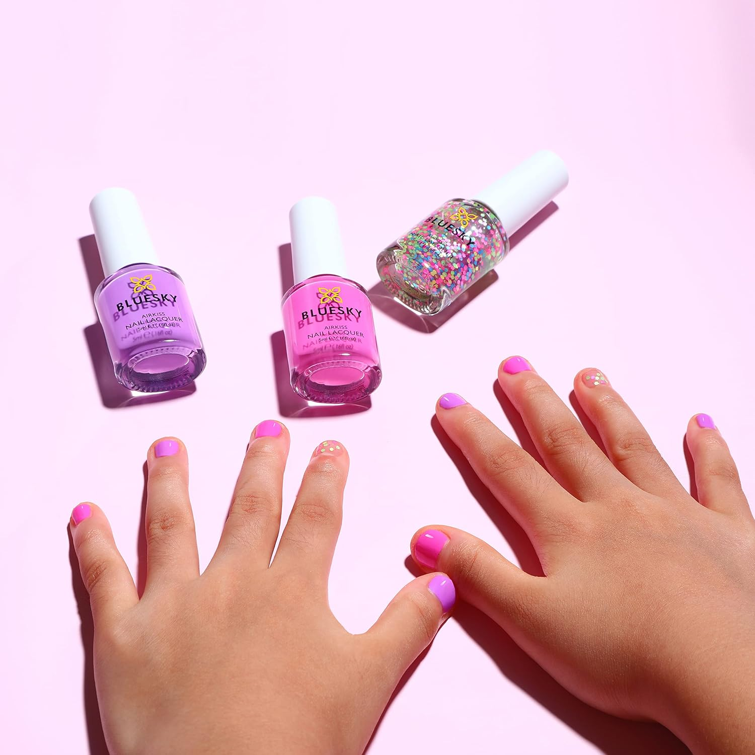 Bluesky Kids Nail Varnish Set - Party Time Collection. Pink,Purple,Confetti Glitter. Easy Peel-Off,Non-Toxic,Water- Based,Odour-Free Nail Polish for Kids,Gift Set,3 X 5Ml Stickers Kids-Party-Time image number 1