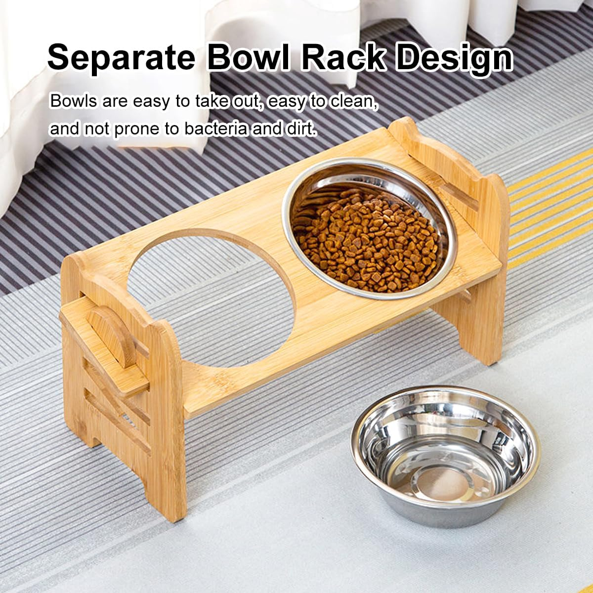 AIMALL Elevated Bamboo Pet Feeder with Two Stainless Steel Bowls, Adjustable Height for Dogs and Cats, Non-Slip Base, Easy-To-Clean Removable Bowls, 16.73 X 6.29 Inches, Sturdy image number 2