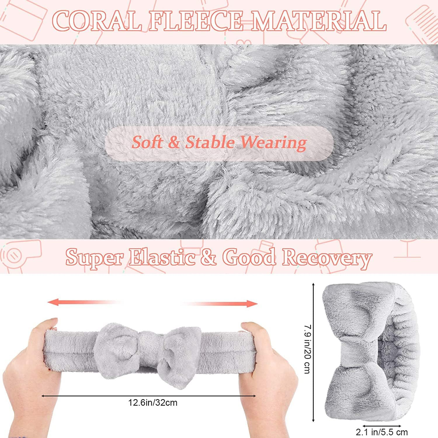 3 Pack Spa Headband Bowknot Soft Coral Fleece Elastic Hair Bands Fluffy Hairband for Women Girls Washing Face Shower Yoga Sports Skincare Makeup (Black, White, Grey)