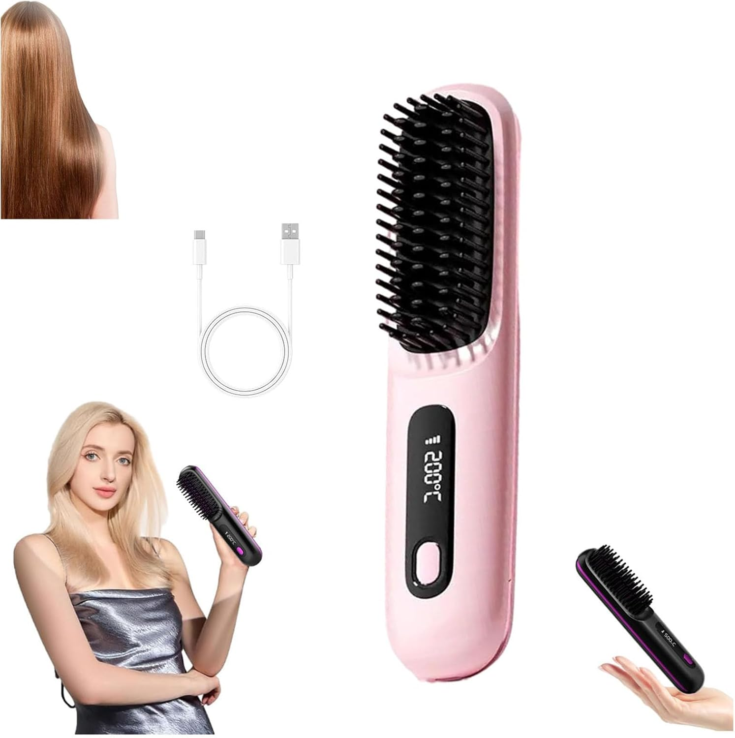 Bellabrush Pro Cordless Hair Straightener Brush (C), 35W, 200&deg;C Max, 7.4V, 3 Heat Settings, All Hair Types, Battery Powered