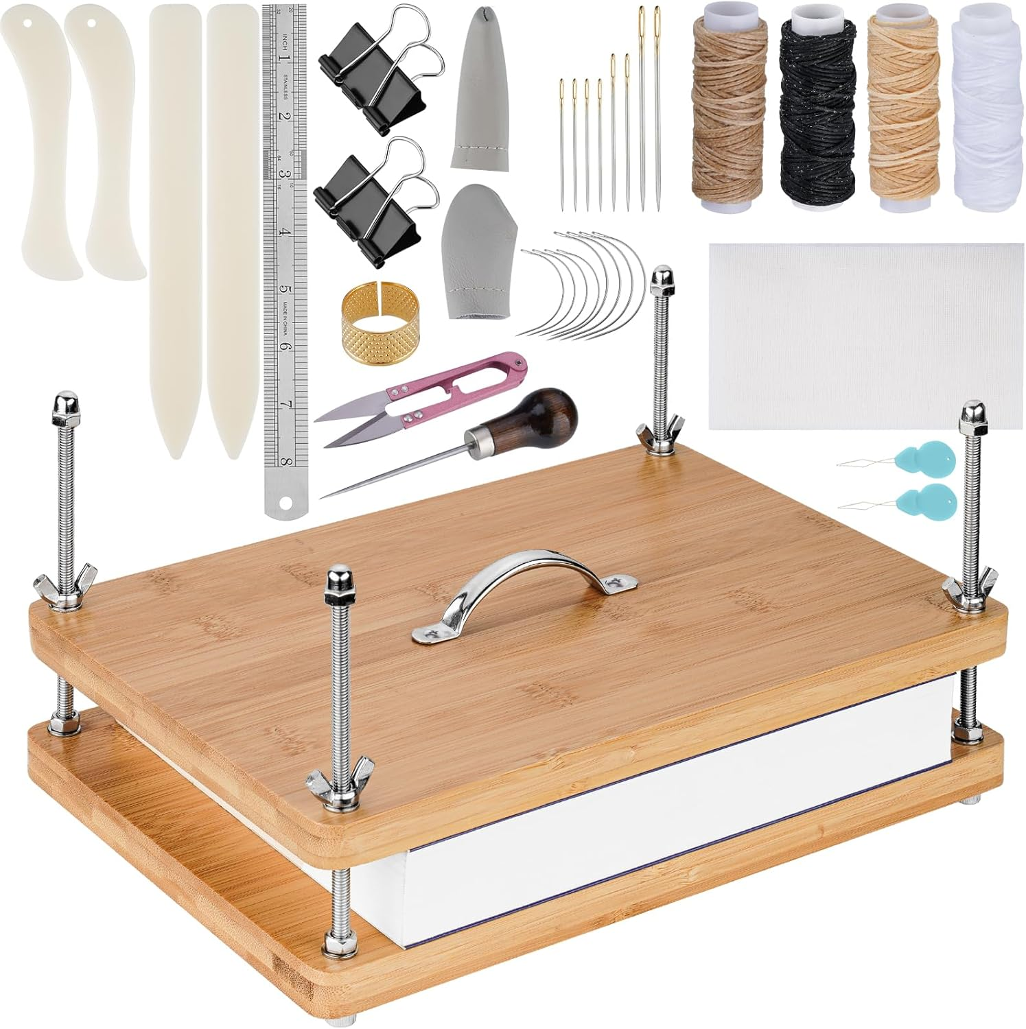 Nihome 35 PCS Book Press Binding Kit for Notebooks, Lesson Plans, Document Organization - Compact Bamboo Bookbinding Tools, Book Binding Supplies with Portable Handle for Beginners DIY image number 1