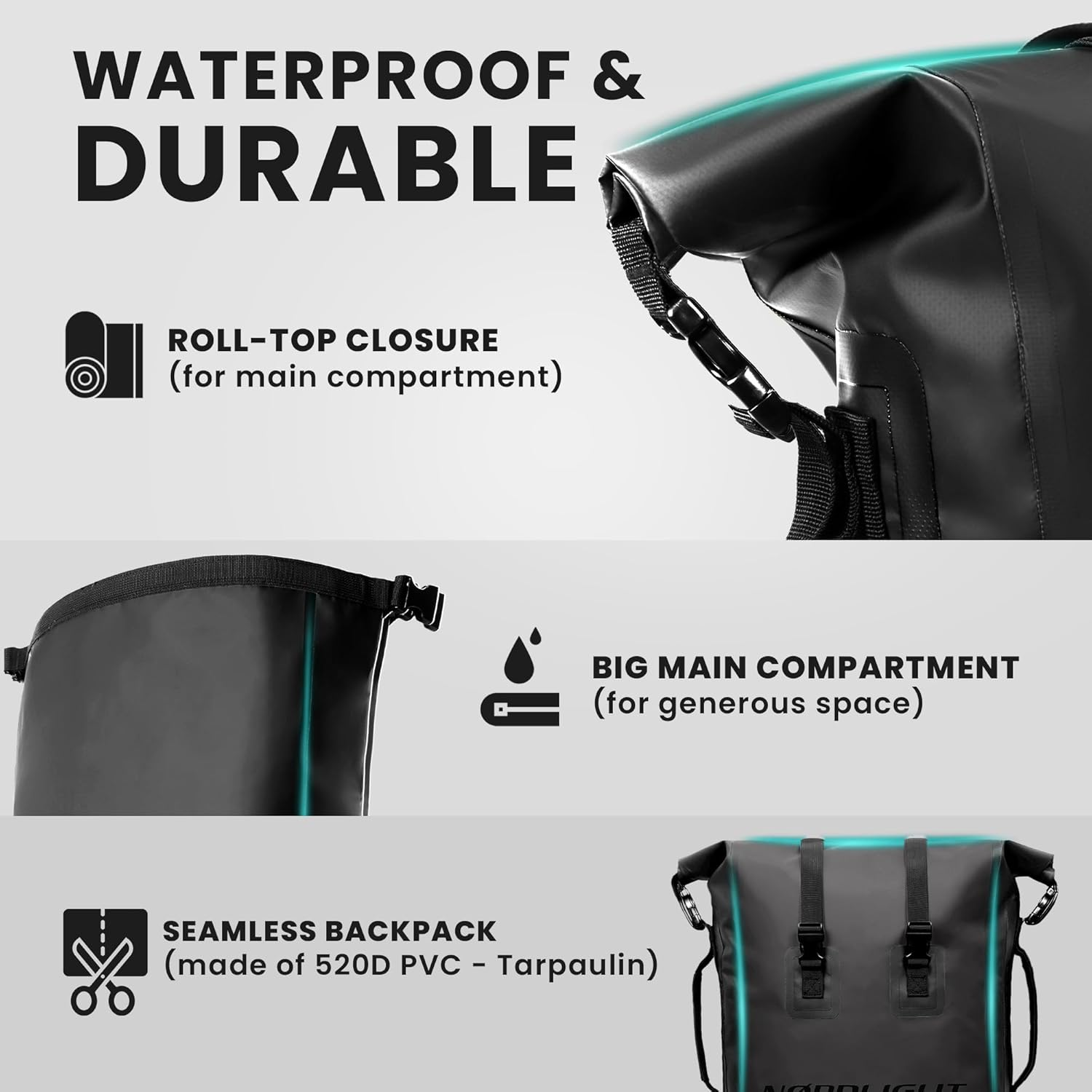 Nordlight Waterproof Backpack Dry Bag 35L Roll Top Backpack with Padded Carry Strap, Waterproof Bag for Water Sports, Bicycle Backpack, Messenger Backpack, Trekking, Fishing
